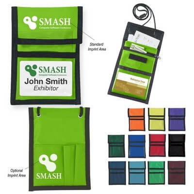 Nylon neck wallet badge holder with clear ID window and lanyard, used for trade show promotional products and branded merchandise