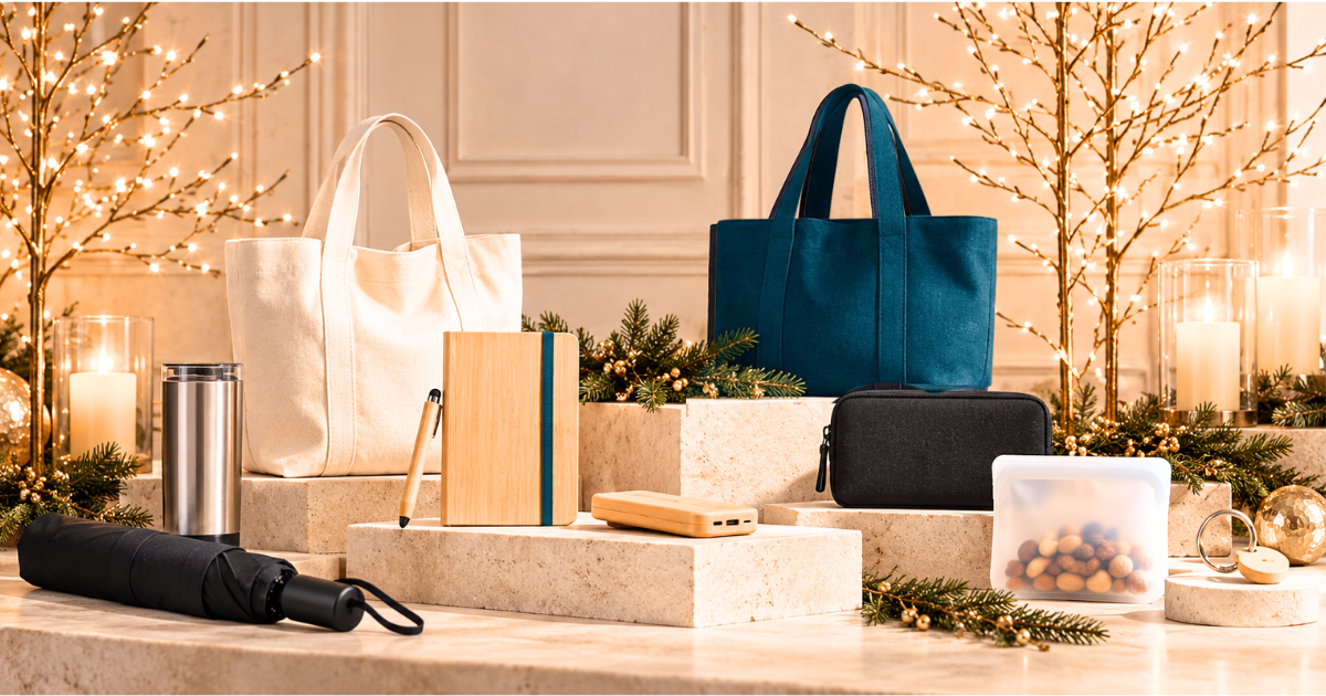 Premium sustainable corporate gifts featuring reusable tote bags, insulated drinkware, a notebook, umbrella, and eco-friendly accessories.