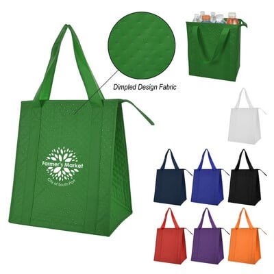 Dimples non-woven cooler tote bag with insulated compartment and carry handles for client gifts and promotional merchandise