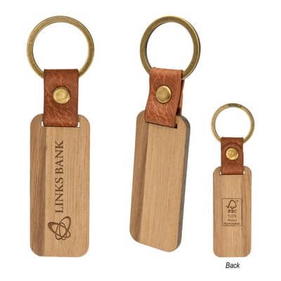 Wood key ring shown with metal ring and wood body visible.