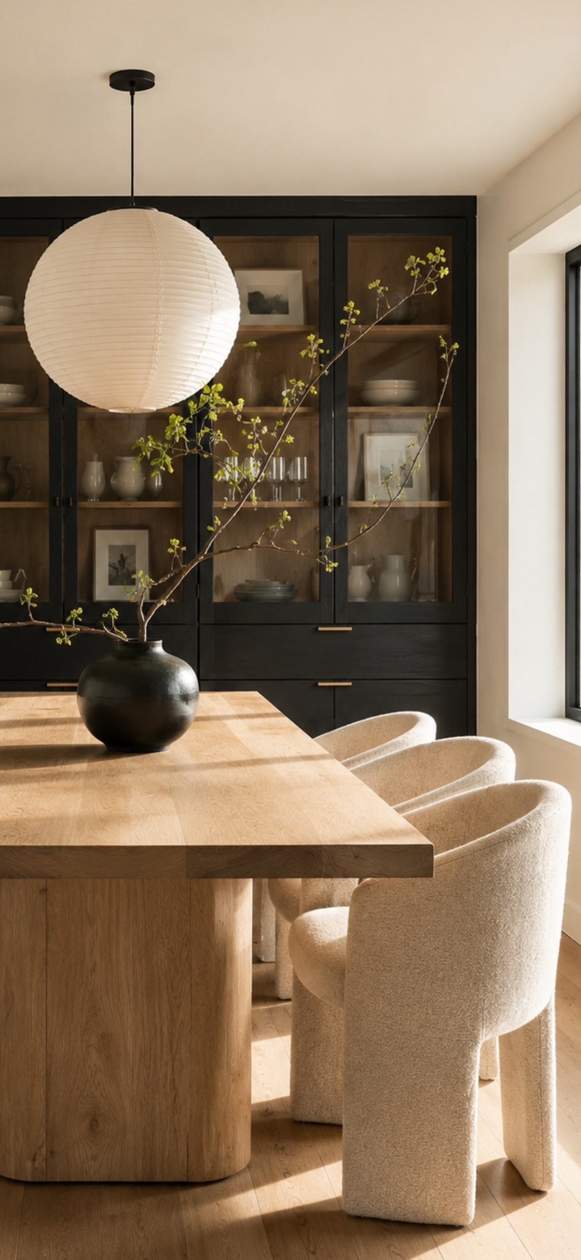 Wood dining table with cream upholstered chairs, black vase with green branches, black cabinet with glass doors showing dishes and framed photos, paper lantern ceiling light, wooden floor, large window natural light.