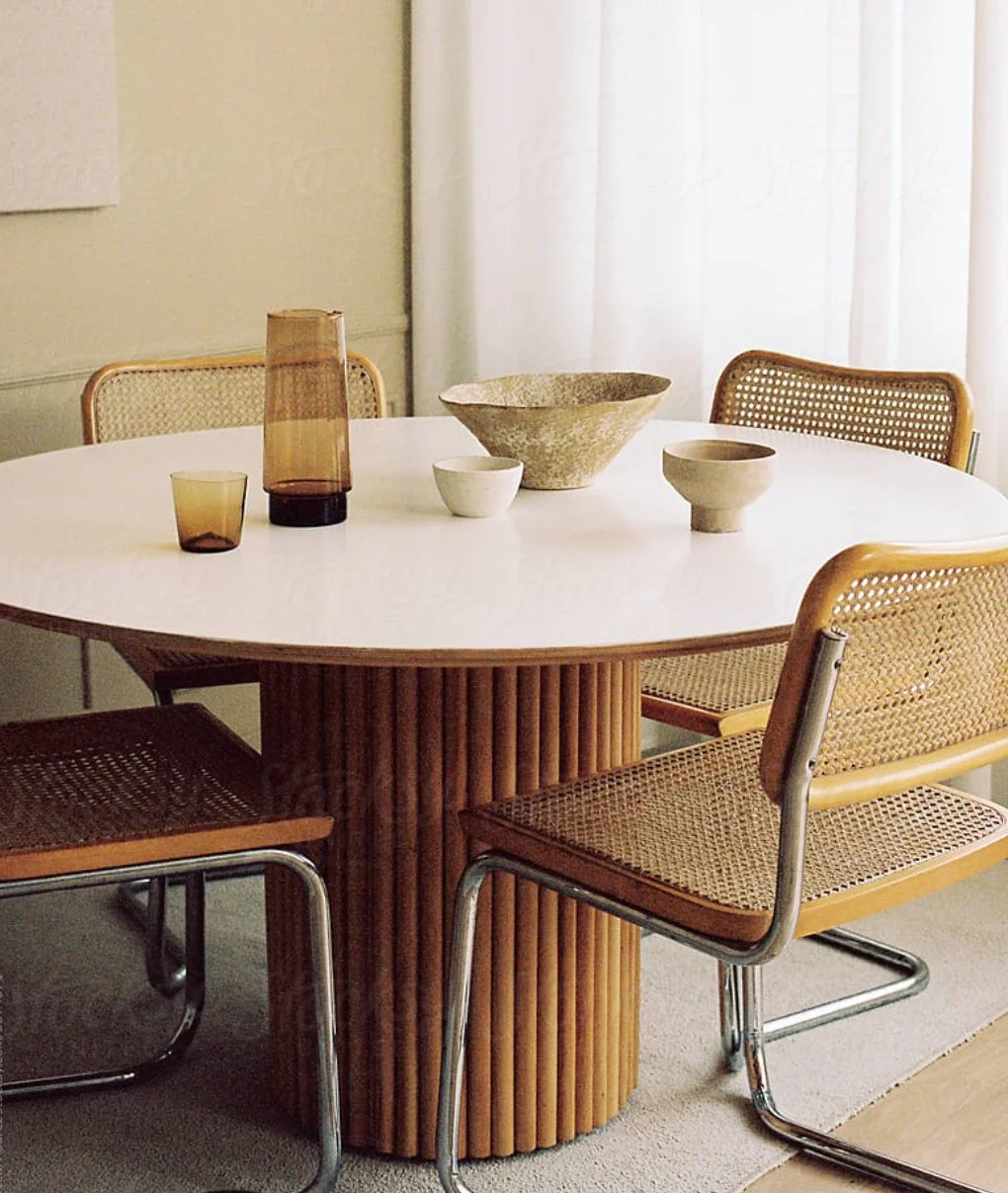 A round dining table with a wooden base, surrounded by four chairs with cane seats and backs. The table has four decorative bowls and vases of varying sizes and colors, including beige, brown, and gray.