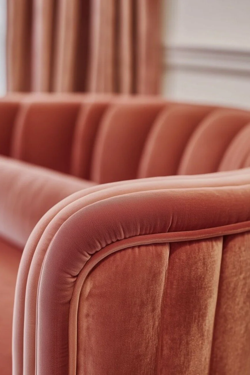 Close-up of a vintage pink velvet sofa with rounded armrests, with a blurred background of curtains.