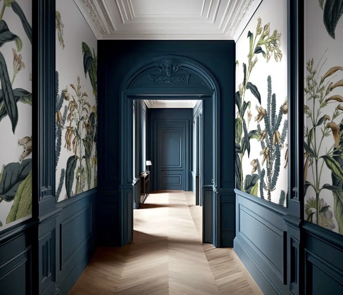 wallpaper and blue wall trims designed by Maison Barbara.