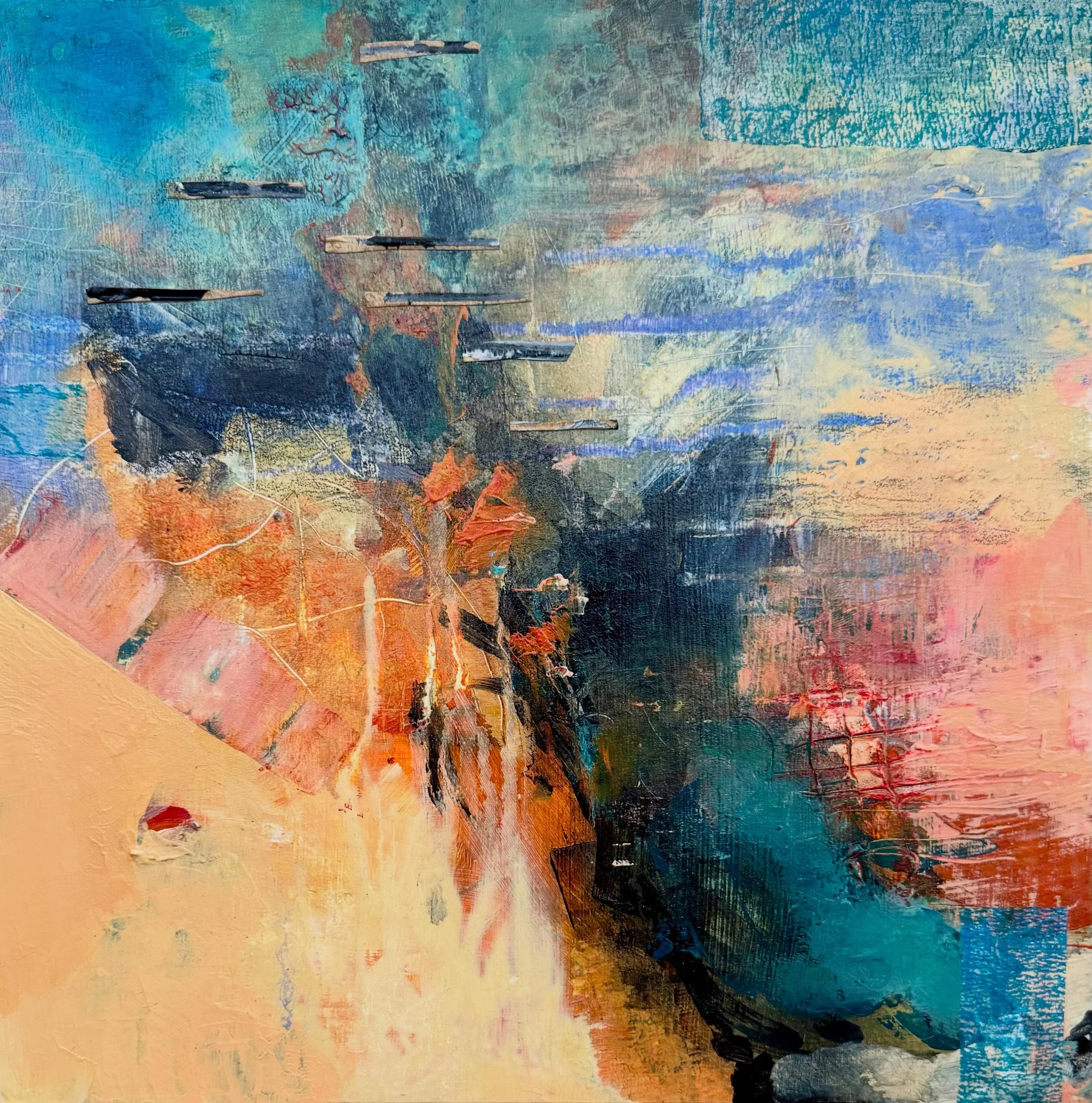 Another painting from a series expressing an emotional landscape shaped by grief, transformation and identity. 

These works begin by obscuring and transforming the surfaces of past, unresolved paintings. I&rsquo;m exploring the tension between fragm