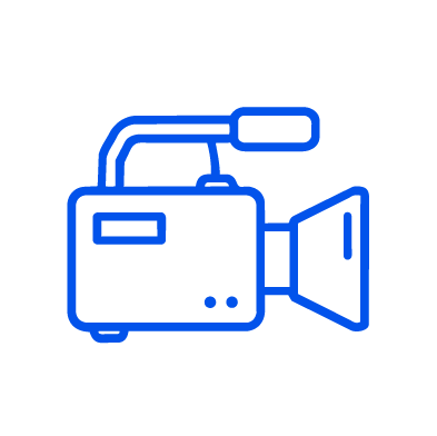 Blue outlined icon of a video camera.