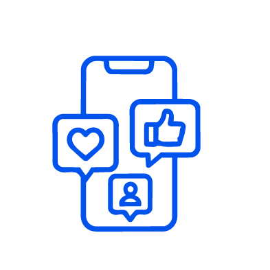 Outline of a smartphone with social media icons including a heart, a thumbs-up, and a person