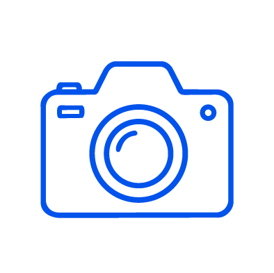 Icon of a camera outlined in blue on a black background.