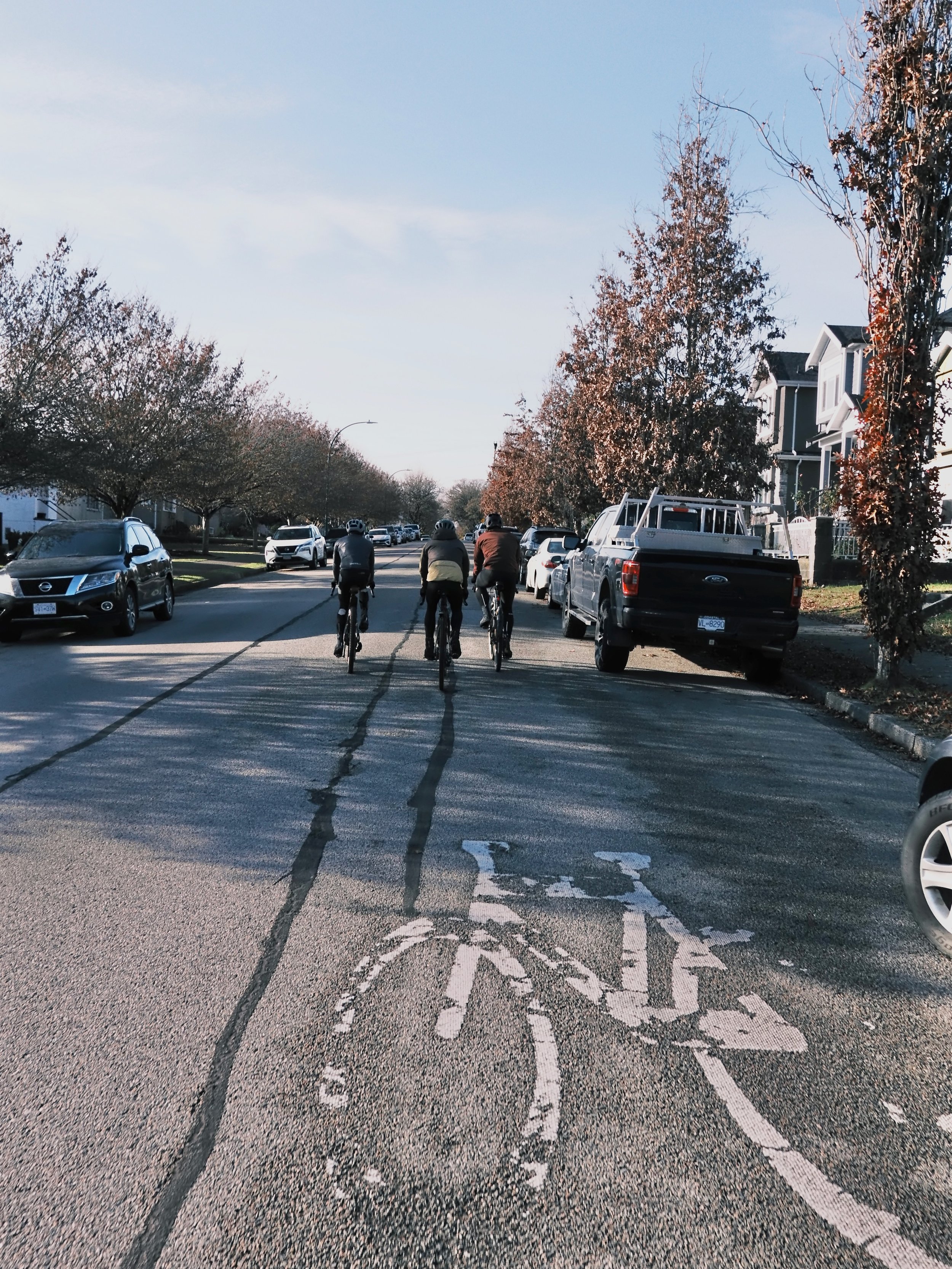 Three roadies on a local street bikeway