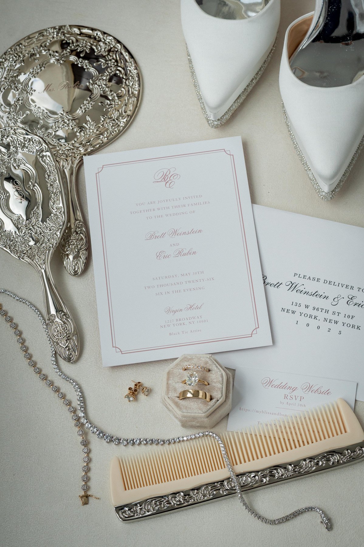 Wedding invitation and rings flatlay Virgin Hotels NYC