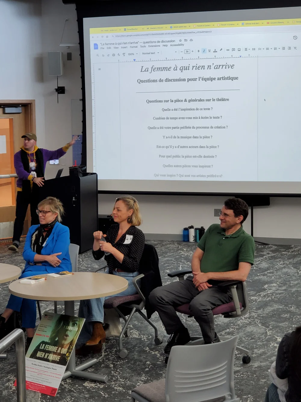 Anne, Léonore, and David talking to French students at Arlington High School