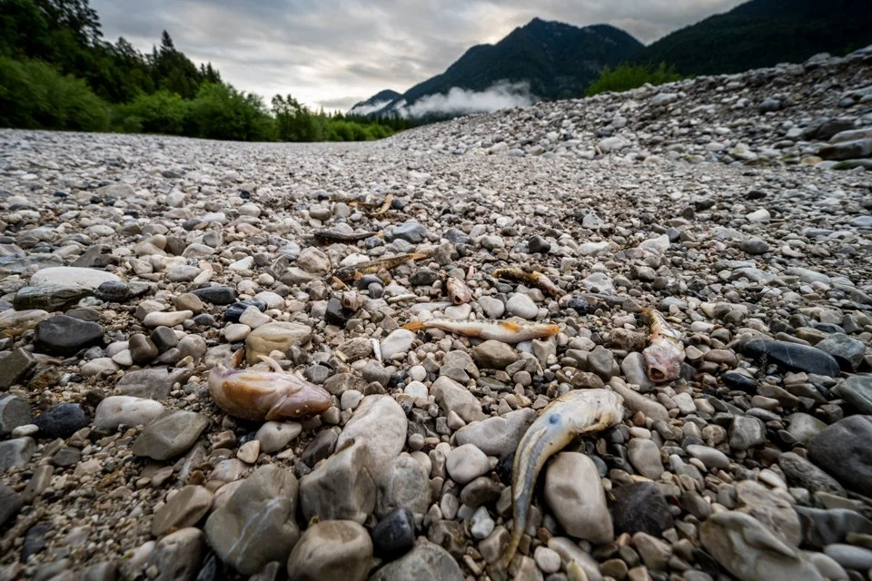 Tote Fische im ausgetrockneten Bachbett der Isar aufgrund zu geringer Restwassermenge nach Kraftwerksspülung