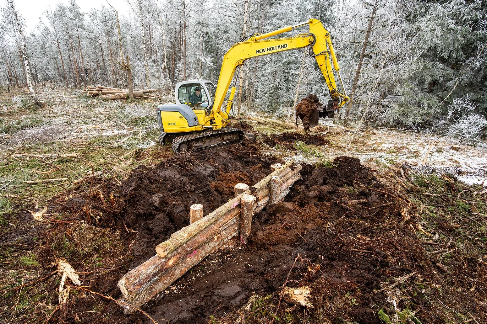 Staudamm im ehemaligen Hochmoor zur renaturierung, mit Bagger bei der Arbeit.
