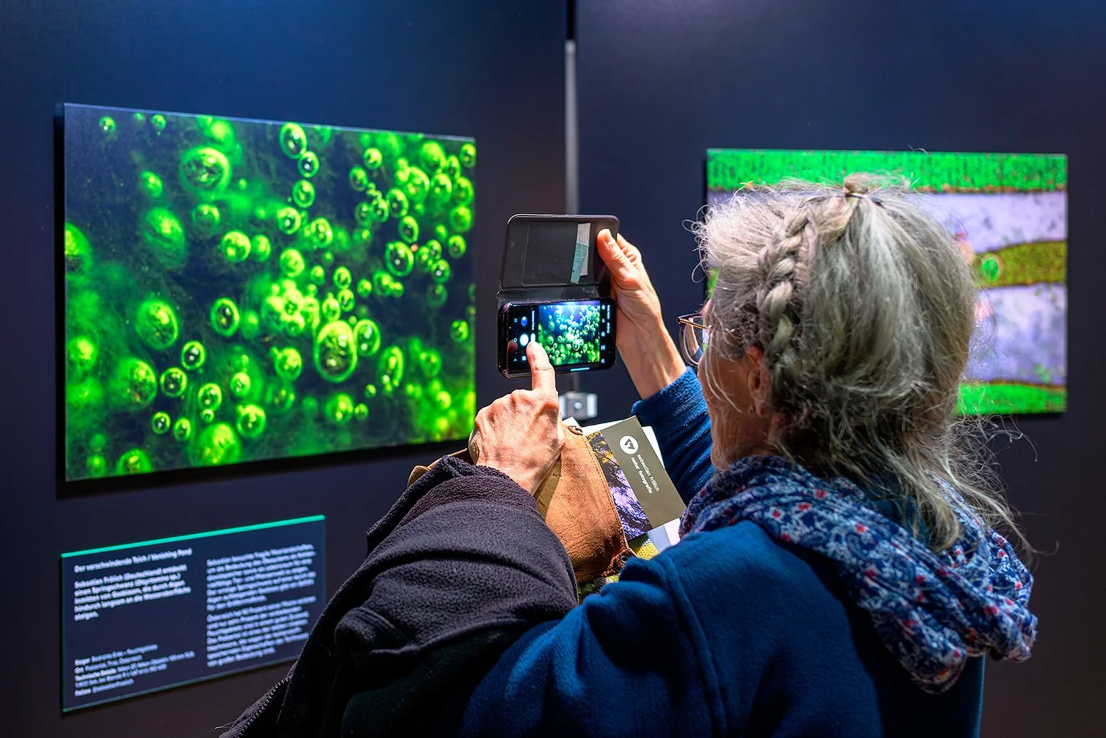 Eine Besucherin fotografiert das preisgekrönte Bild "Speicher" i Museum Mensch und Natur in München.