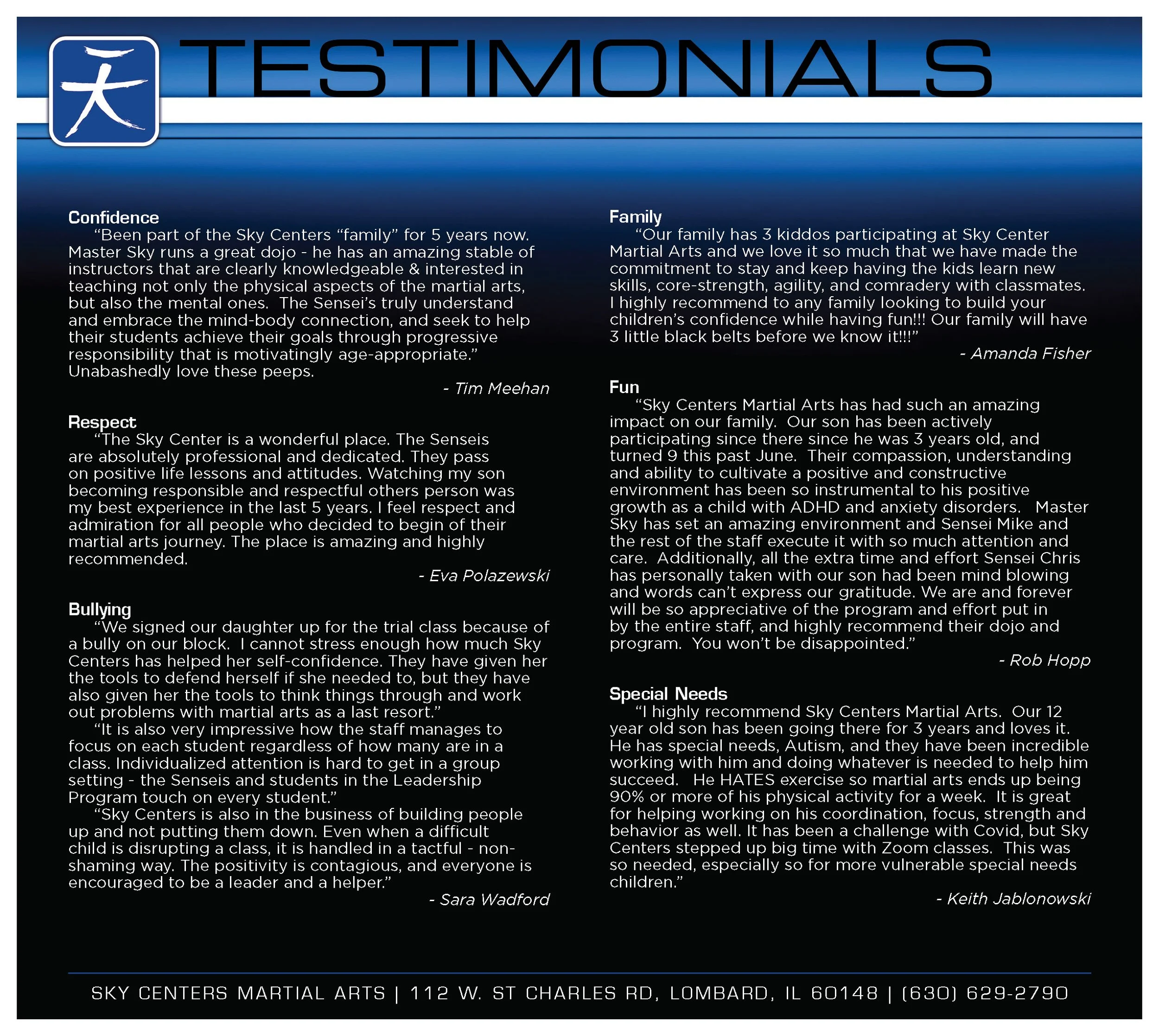 Testimonials Handout which sits inside of the New Student Folder. The Program, Top 5 Reasons, and Testimonial sheets are staggered in size to fit nicely within the folder.