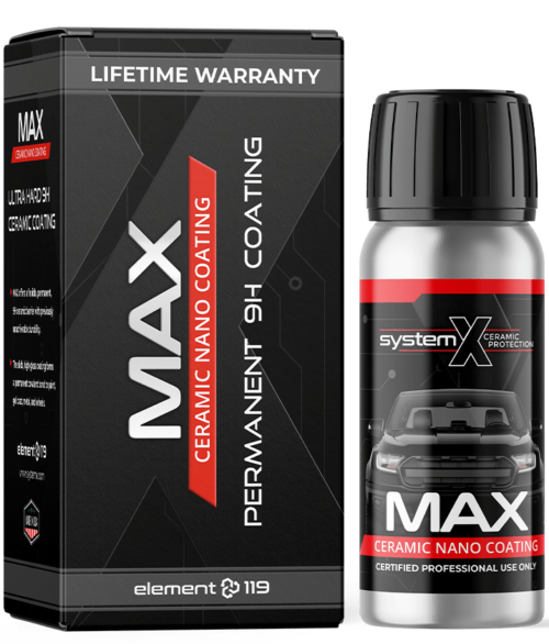 Max Ceramic Nano Coating bottle and box with lifetime warranty label, featuring a car illustration and text highlighting 9H hardness for professional use.