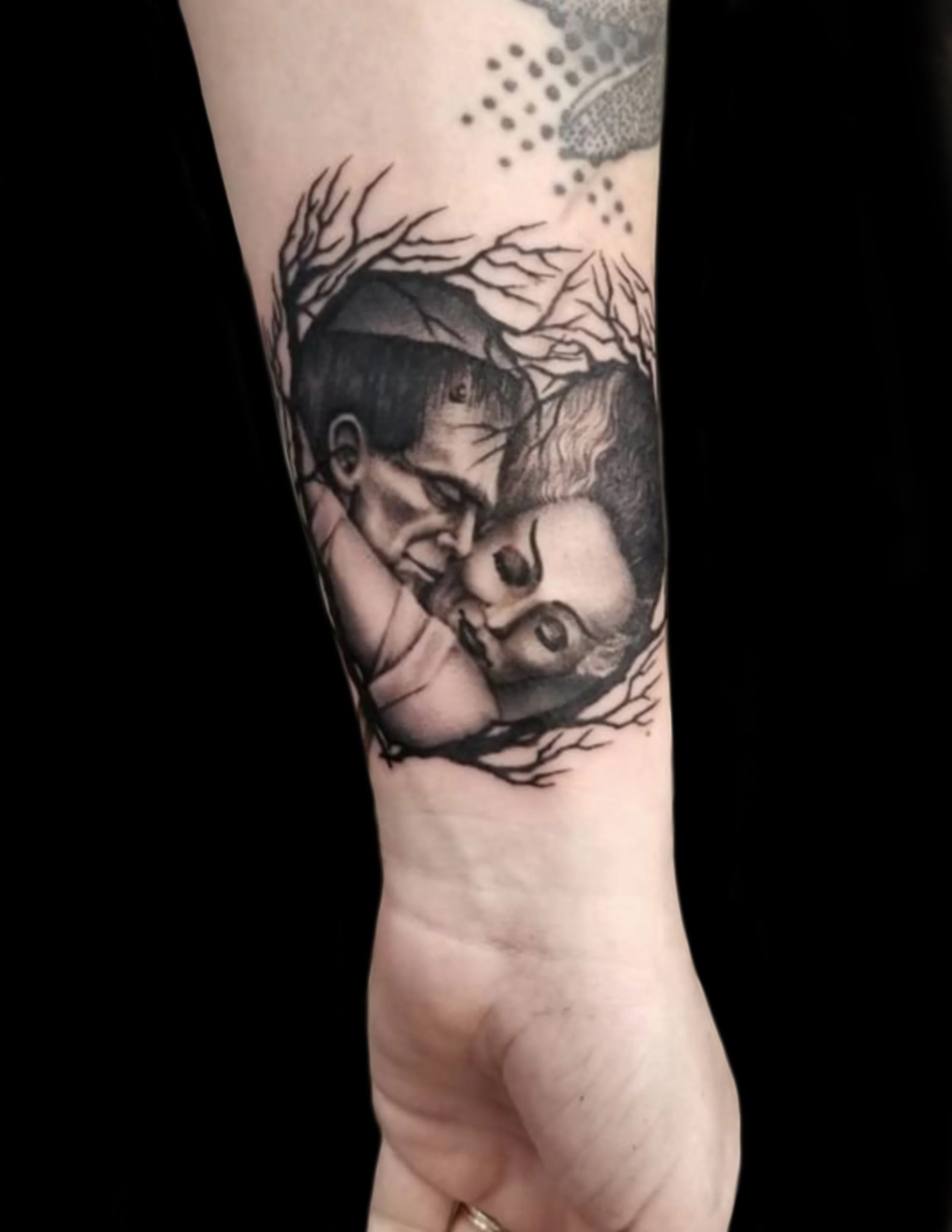 billy_sarno_huntington_beach_tattoo_black_and_gray_portrait_frankenstein_and_bride_heart_wrist.JPG