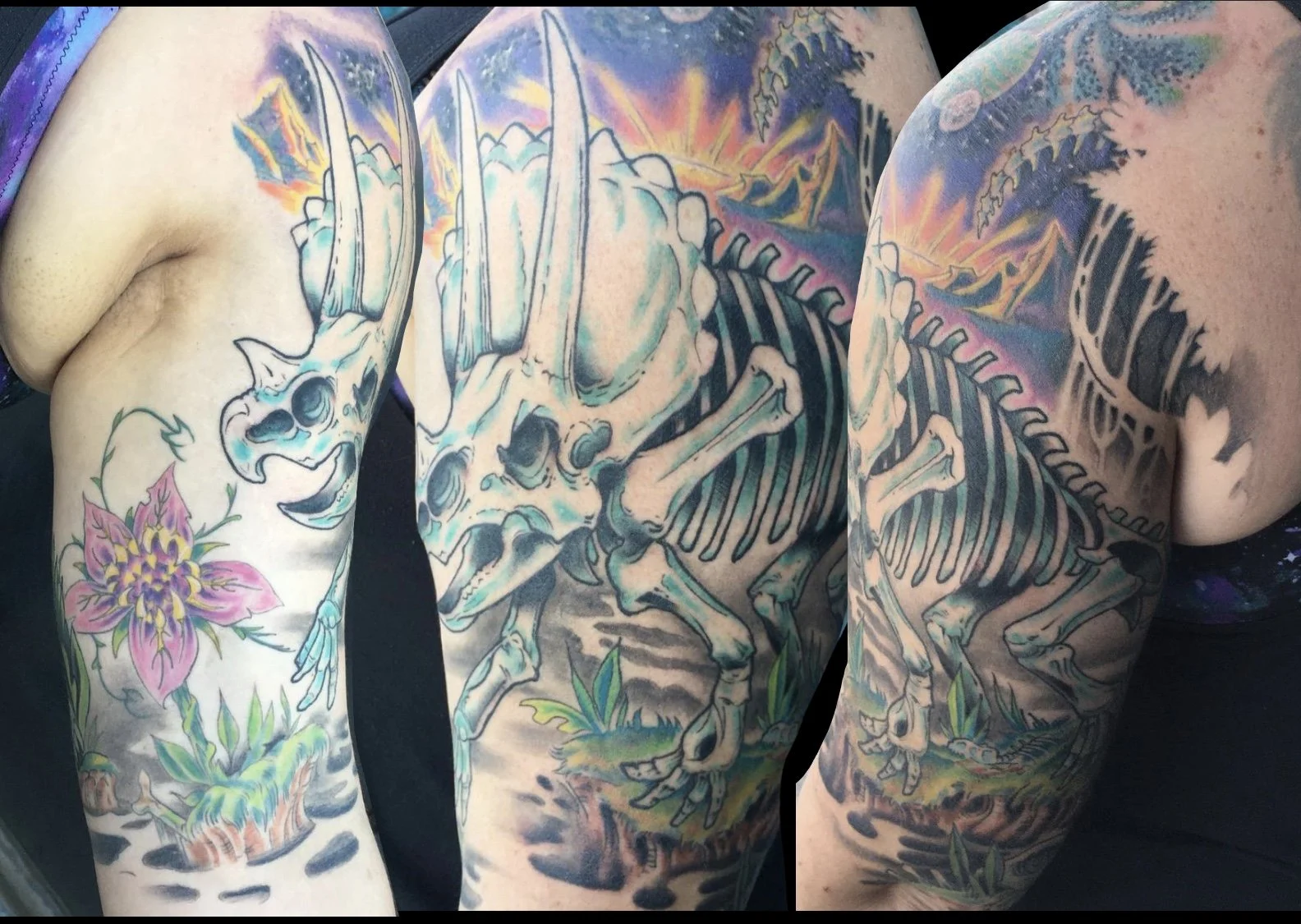 paul_deters_huntington_beach_tattoo_neotraditional_color_flower_triceratops_skeleton_dinosaur_extinction_event_half_sleeve_upper_arm.JPG