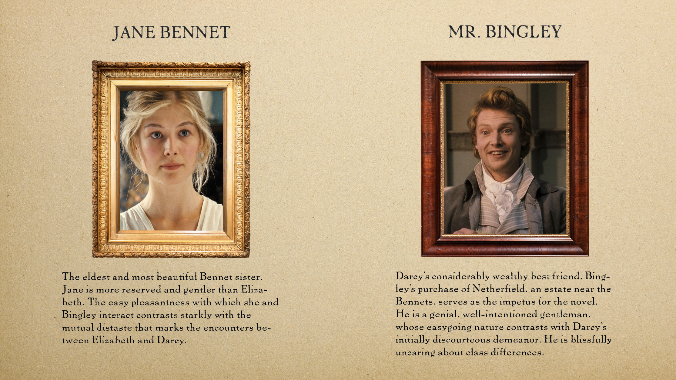 PRIDE AND PREJUDICE spec feature film pitch deck. Character page for Jane Bennett and Mr. Bingley. Designed by Nicole Smolen of SMOLDER.