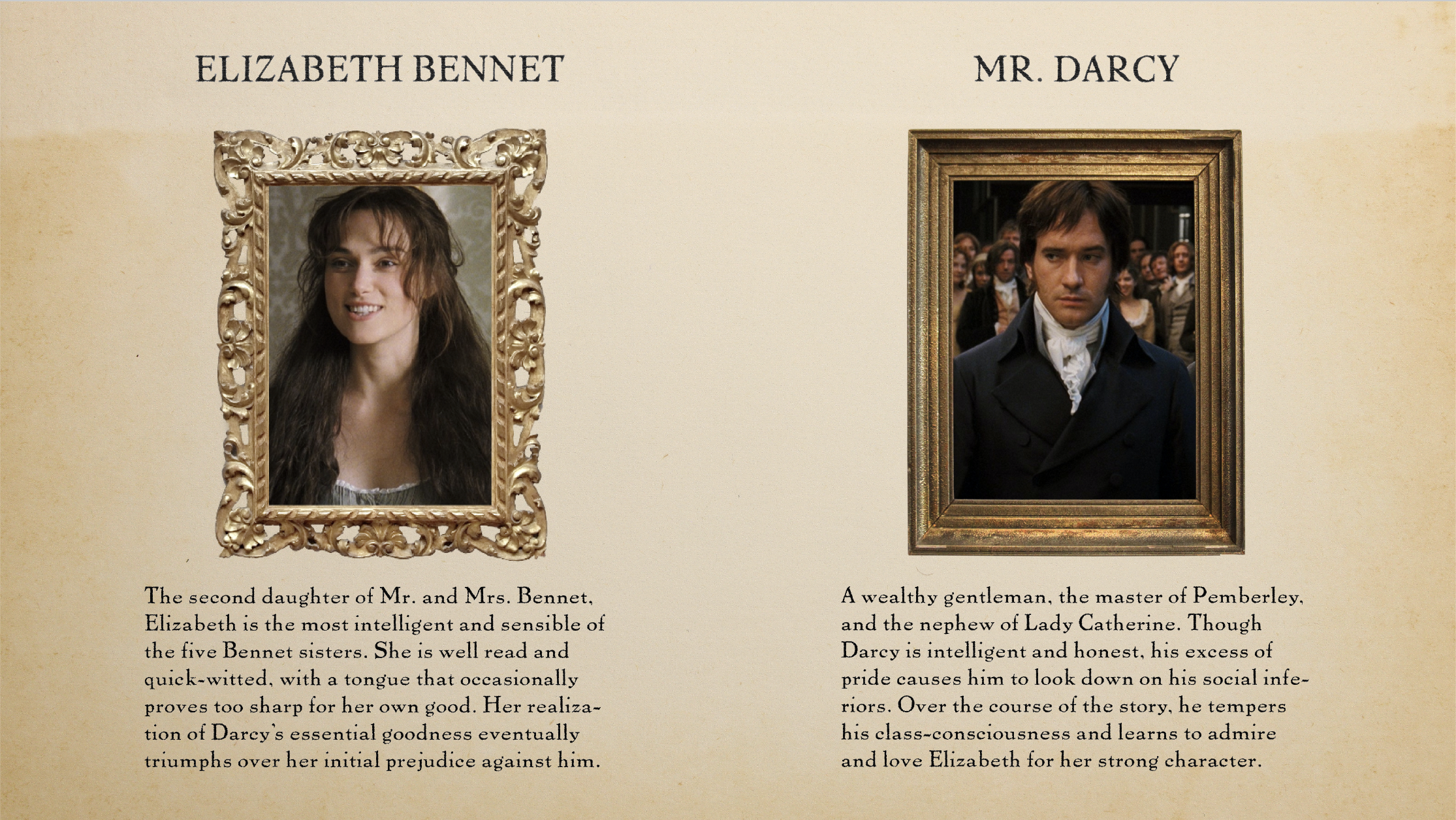 PRIDE AND PREJUDICE spec feature film pitch deck. Character page for Elizabeth Bennet and Mr. Darcy. Designed by Nicole Smolen of SMOLDER.