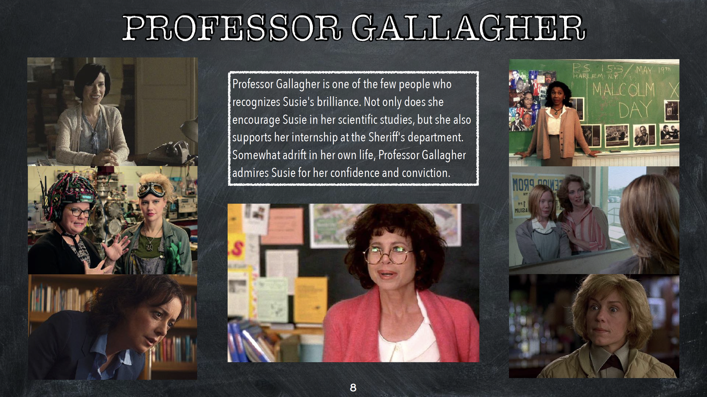 SUSIE SEARCHES feature film pitch deck. Supporting character's page. Designed by Nicole Smolen of SMOLDER.