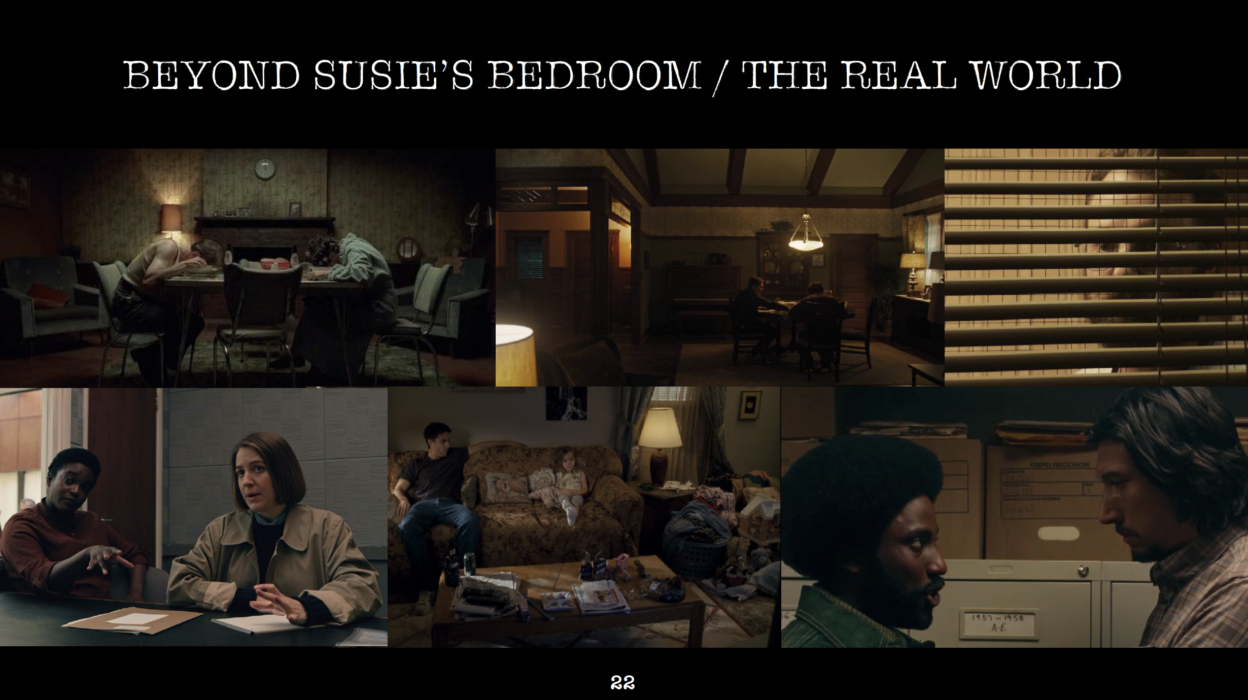 SUSIE SEARCHES feature film pitch deck. Locations page. Designed by Nicole Smolen of SMOLDER.