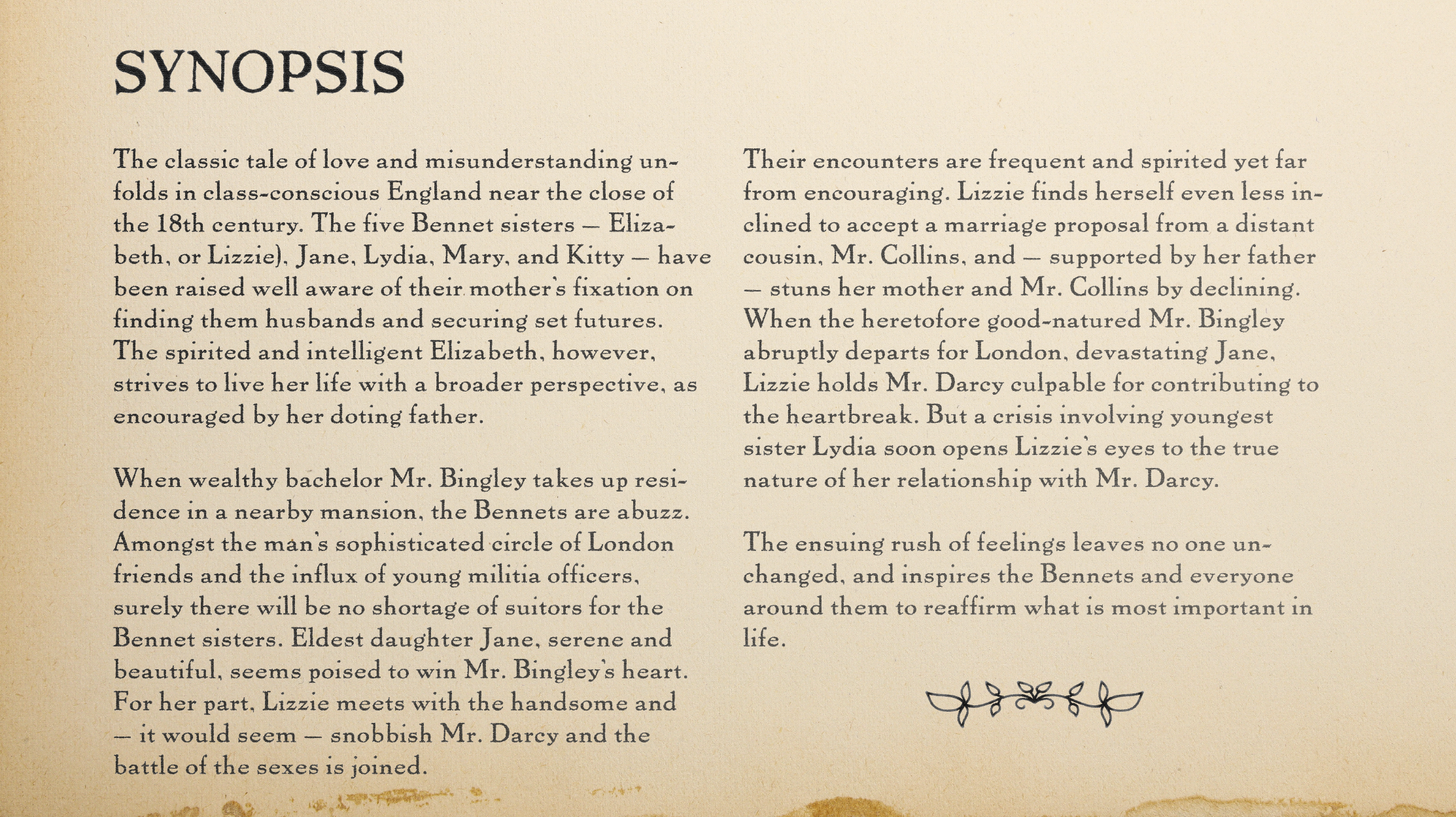 PRIDE AND PREJUDICE spec feature film pitch deck. Synopsis page. Designed by Nicole Smolen of SMOLDER.