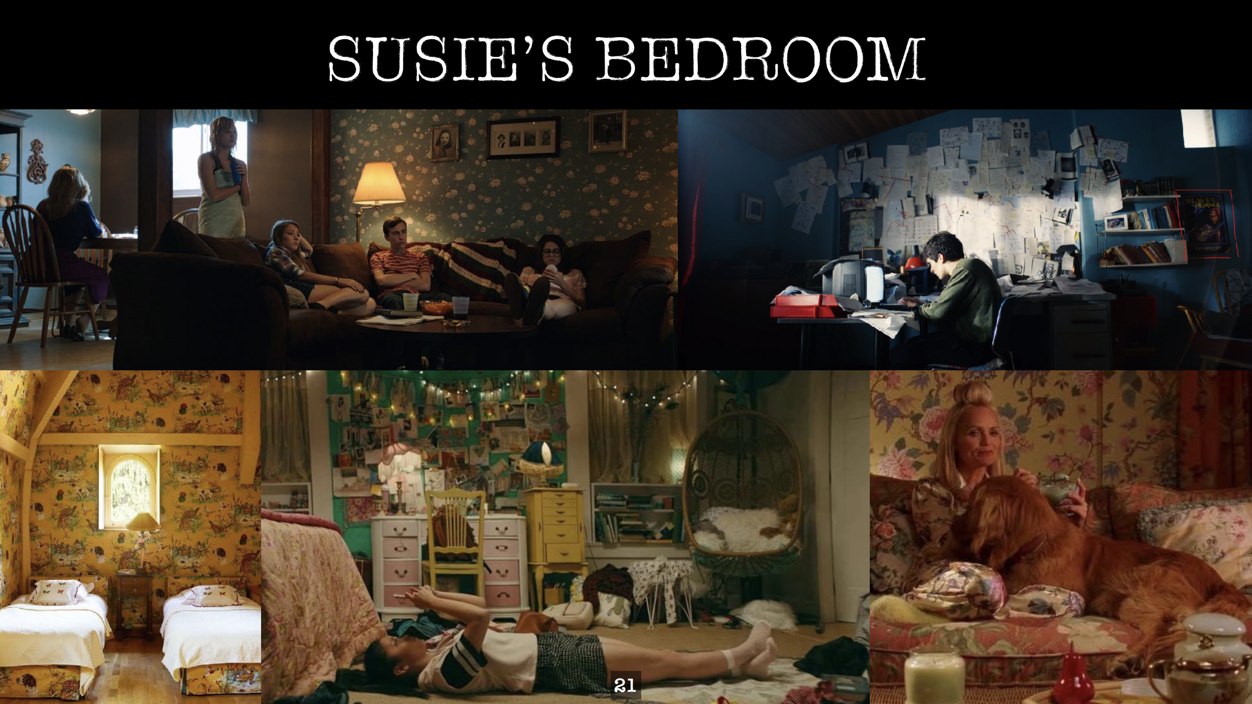 SUSIE SEARCHES feature film pitch deck. Location page. Designed by Nicole Smolen of SMOLDER.