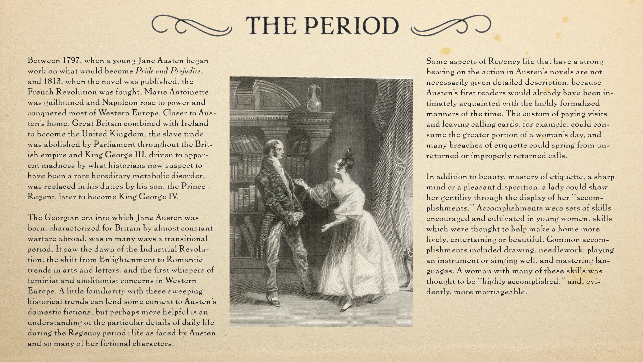 PRIDE AND PREJUDICE spec feature film pitch deck. Historical period page. Designed by Nicole Smolen of SMOLDER.