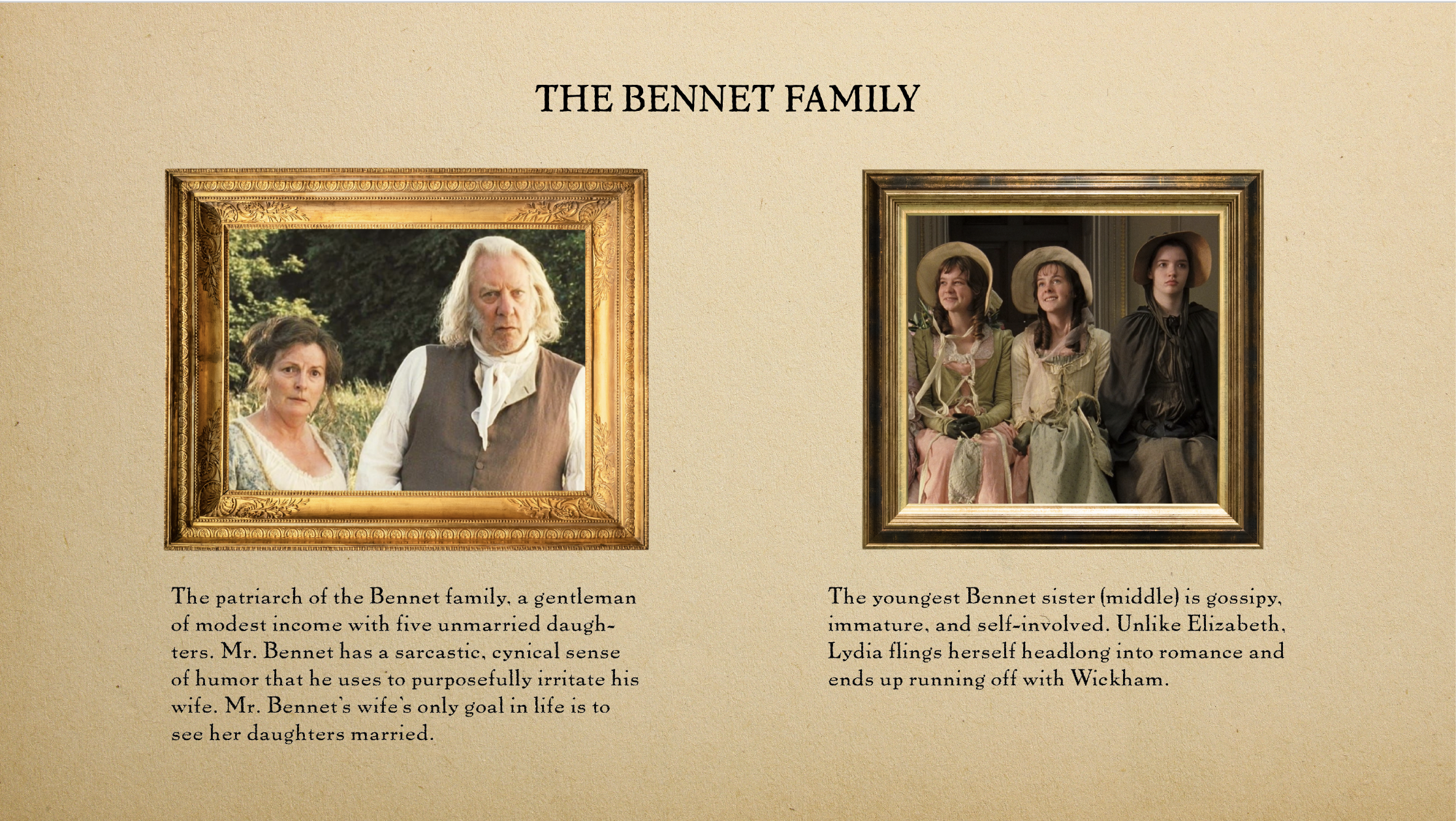 PRIDE AND PREJUDICE spec feature film pitch deck. Character page for the Bennet family. Designed by Nicole Smolen of SMOLDER.