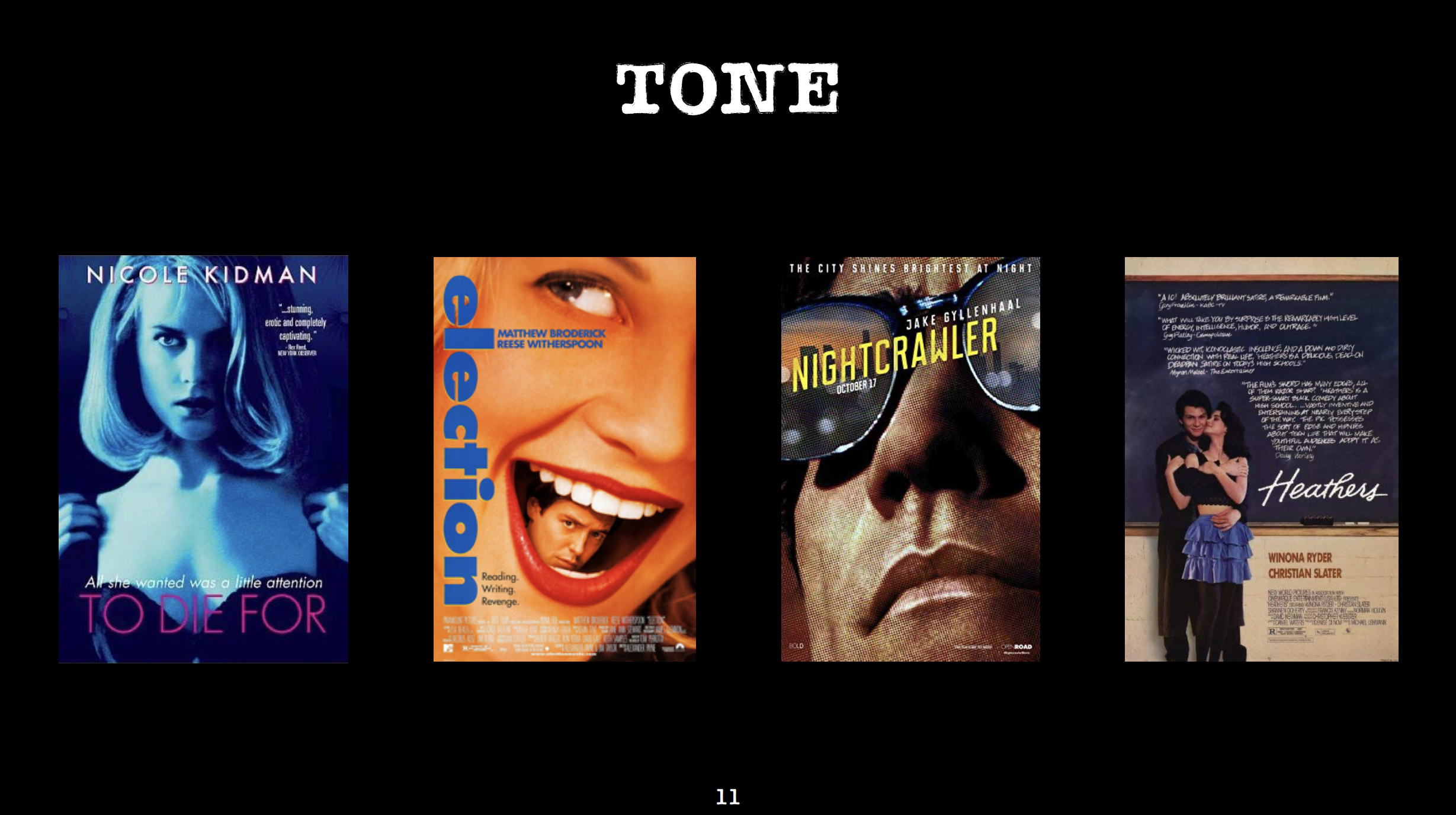 SUSIE SEARCHES feature film pitch deck. Tone page. Designed by Nicole Smolen of SMOLDER.