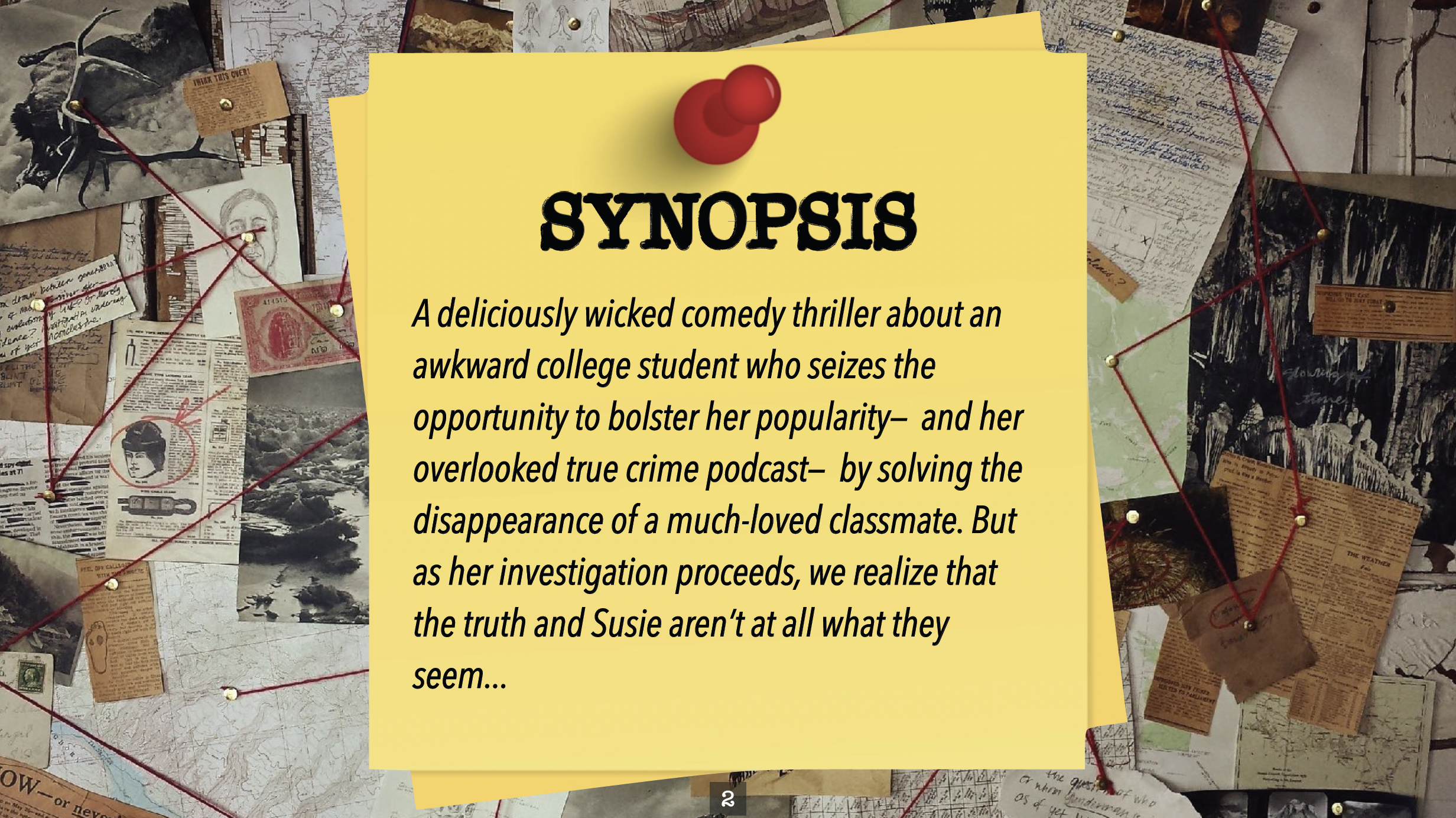 SUSIE SEARCHES feature film pitch deck. Synopsis page. Designed by Nicole Smolen of SMOLDER.