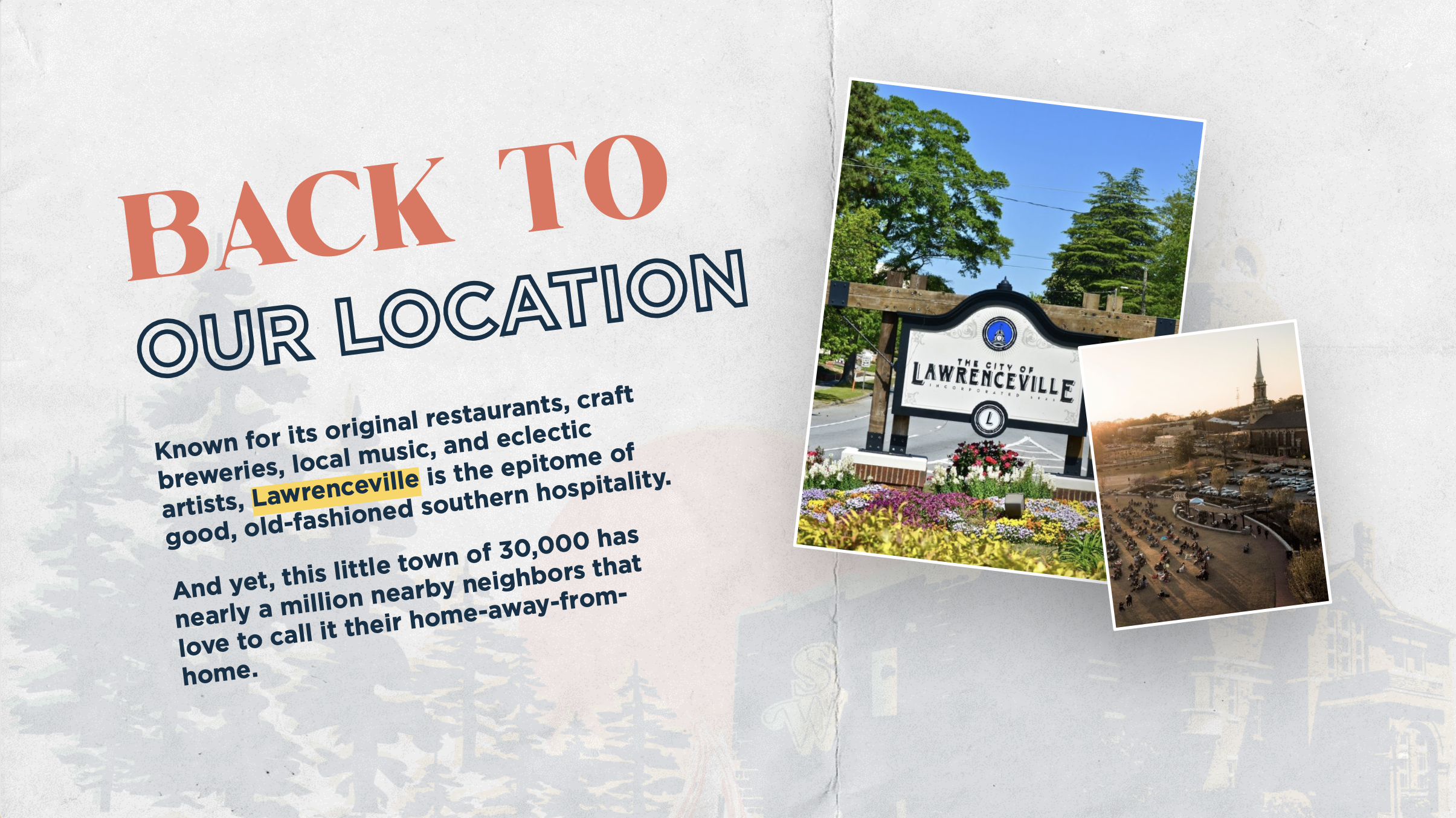 A page from a brochure or magazine about Lawrenceville, featuring photos of signs and landmarks with text describing the town's culture and community.