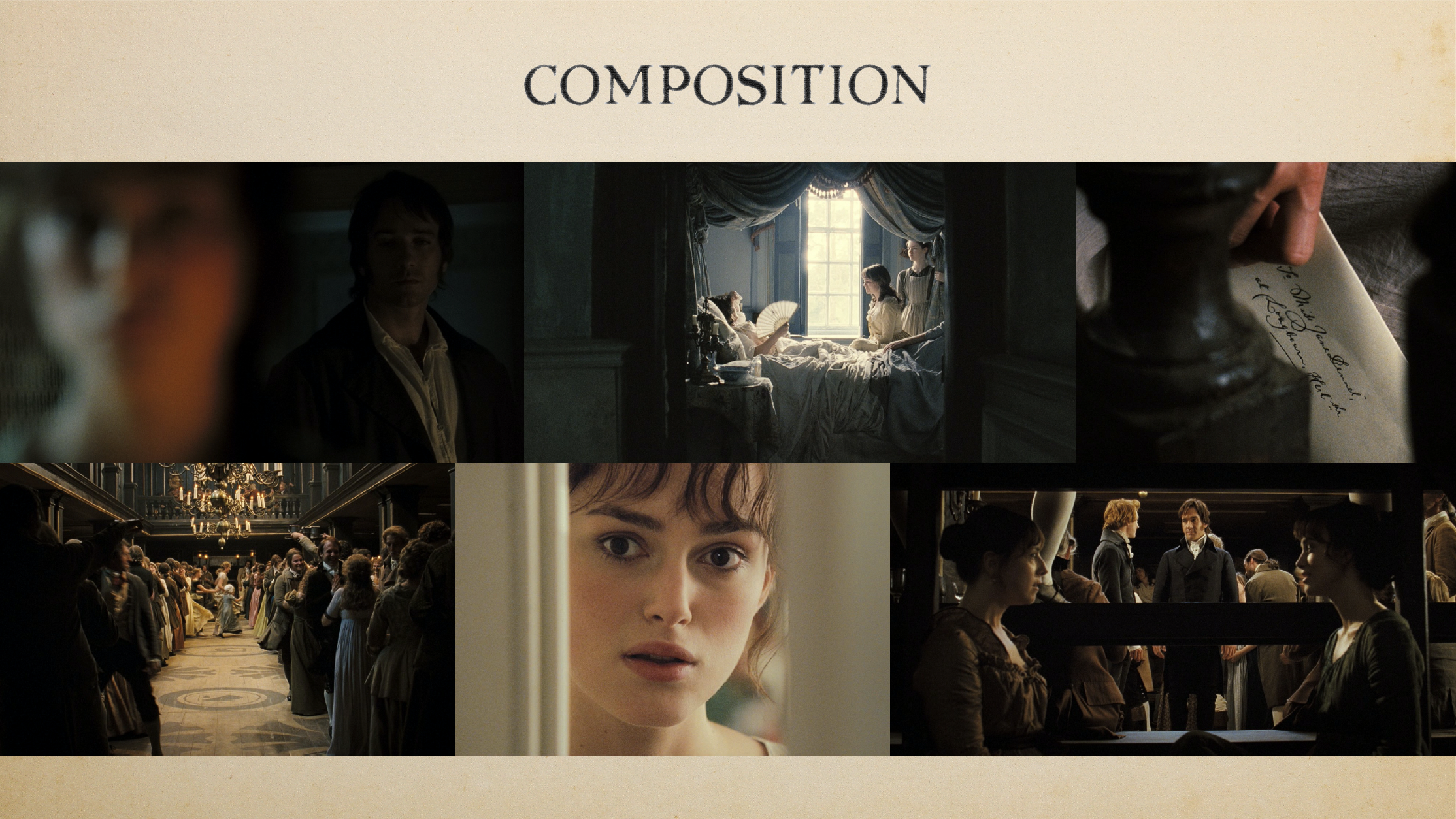 PRIDE AND PREJUDICE spec feature film pitch deck. Composition page. Designed by Nicole Smolen of SMOLDER.