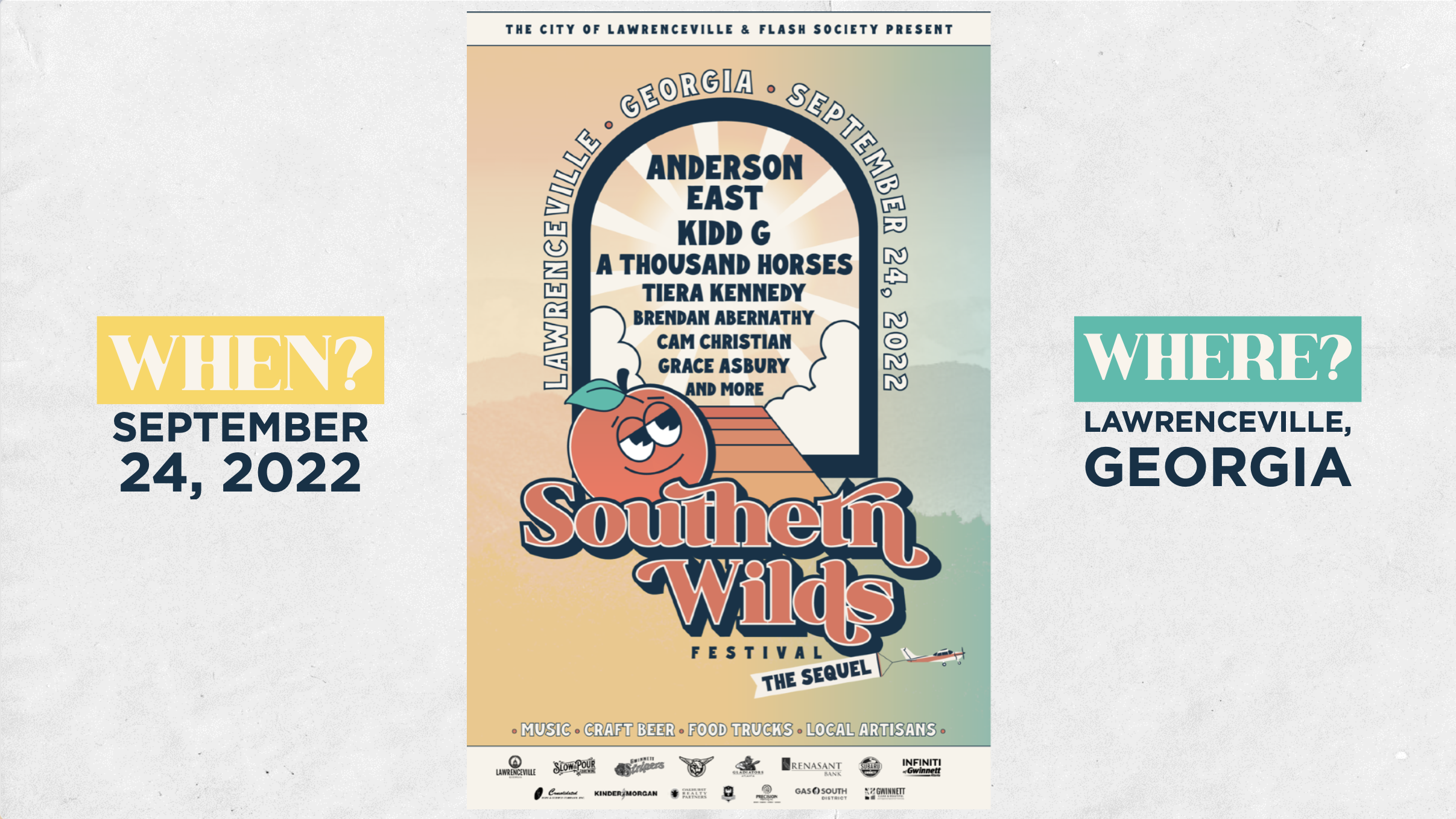 Poster for the Southern Wilds Festival in Lawrenceville, Georgia on September 24, 2022. Features a cartoon peach with sunglasses and text listing performers and event details.