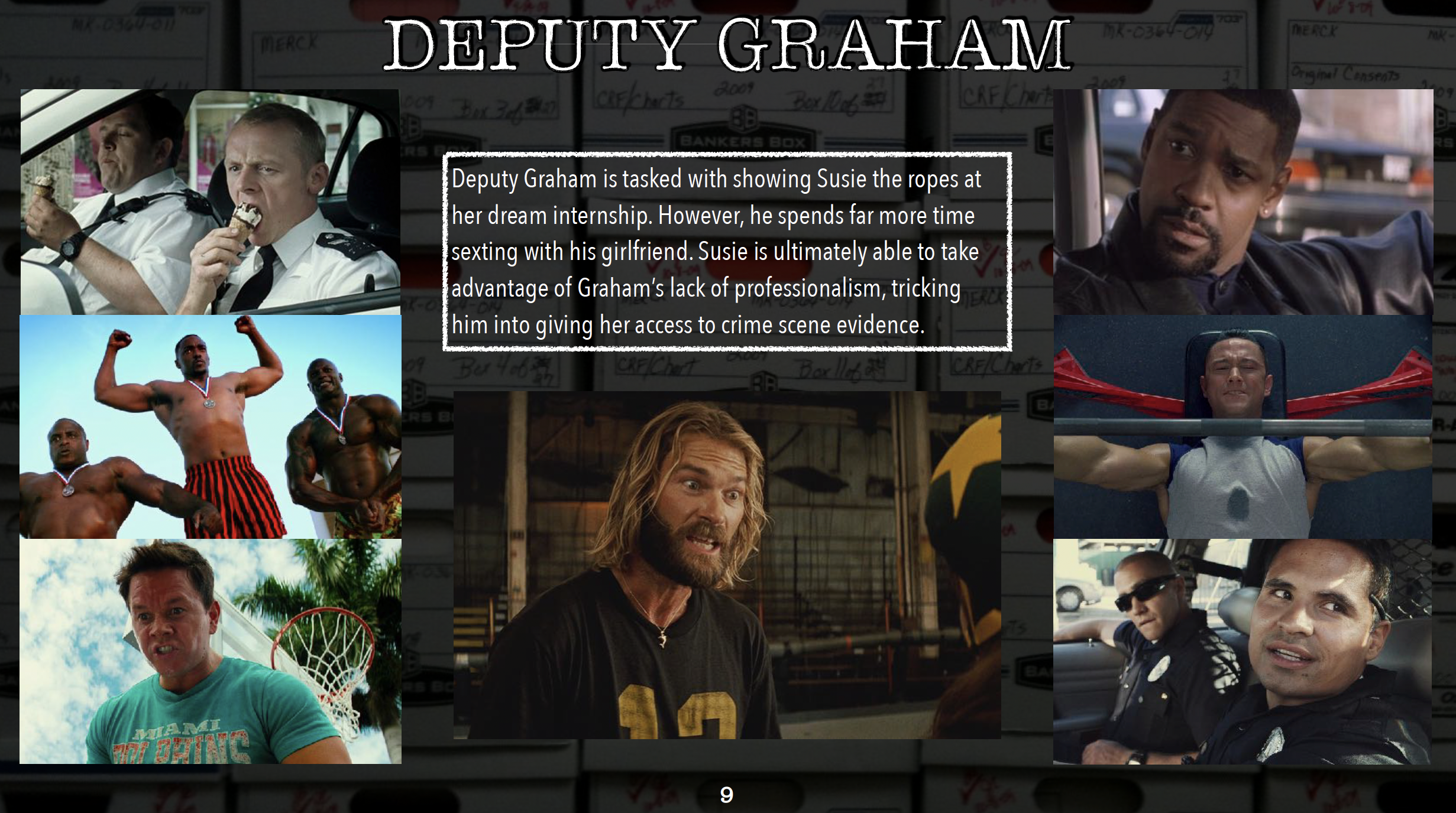 SUSIE SEARCHES feature film pitch deck. Supporting character's page. Designed by Nicole Smolen of SMOLDER.