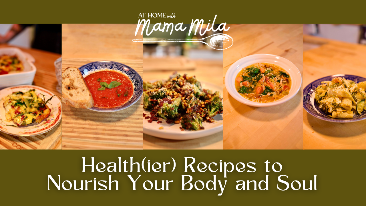 Image displaying a variety of healthy meals and recipes for nourishing the body and soul, including soups and vegetable dishes.