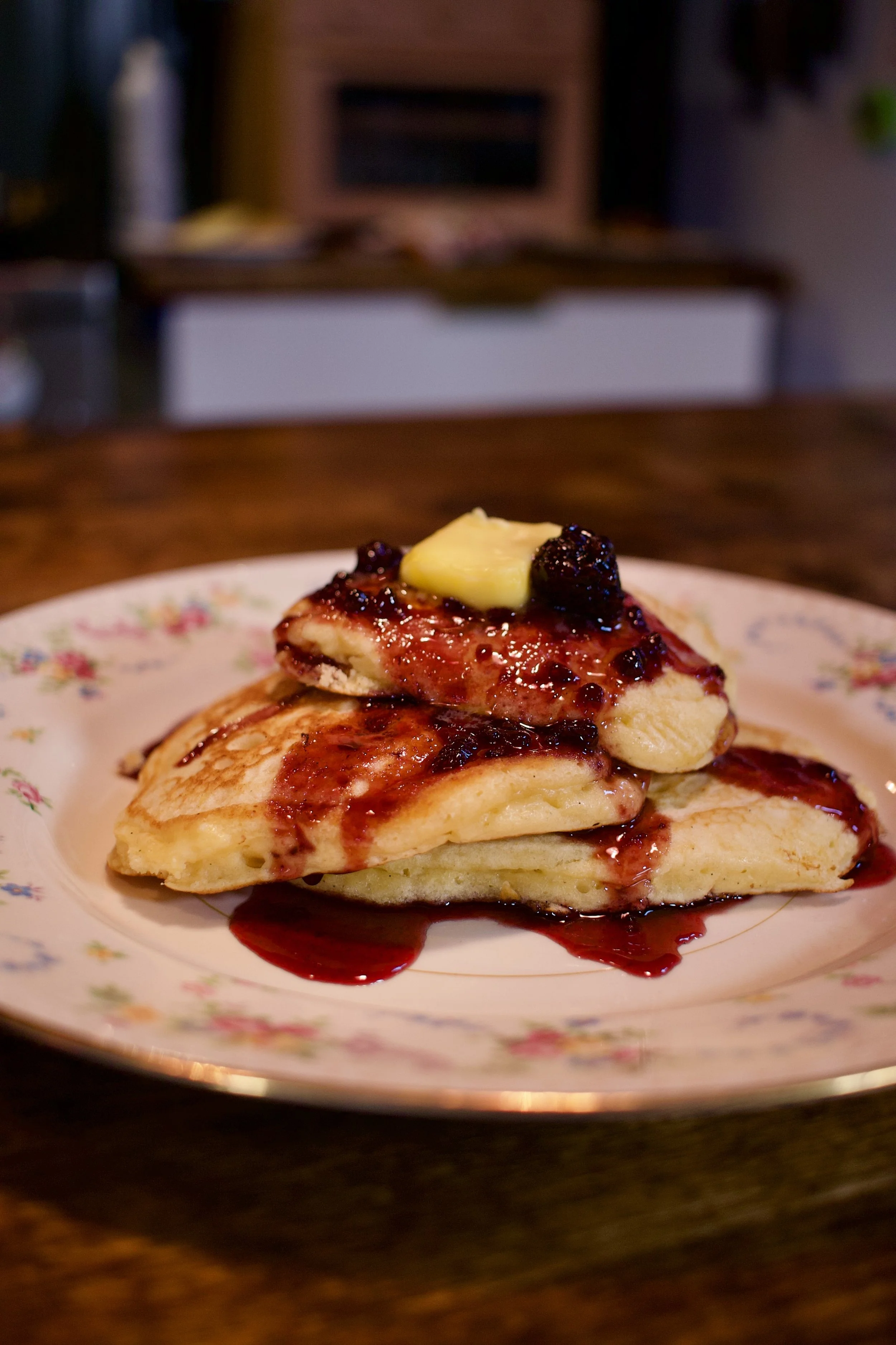 Lemon Ricotta Pancakes with Boozy Blackberry Syrup