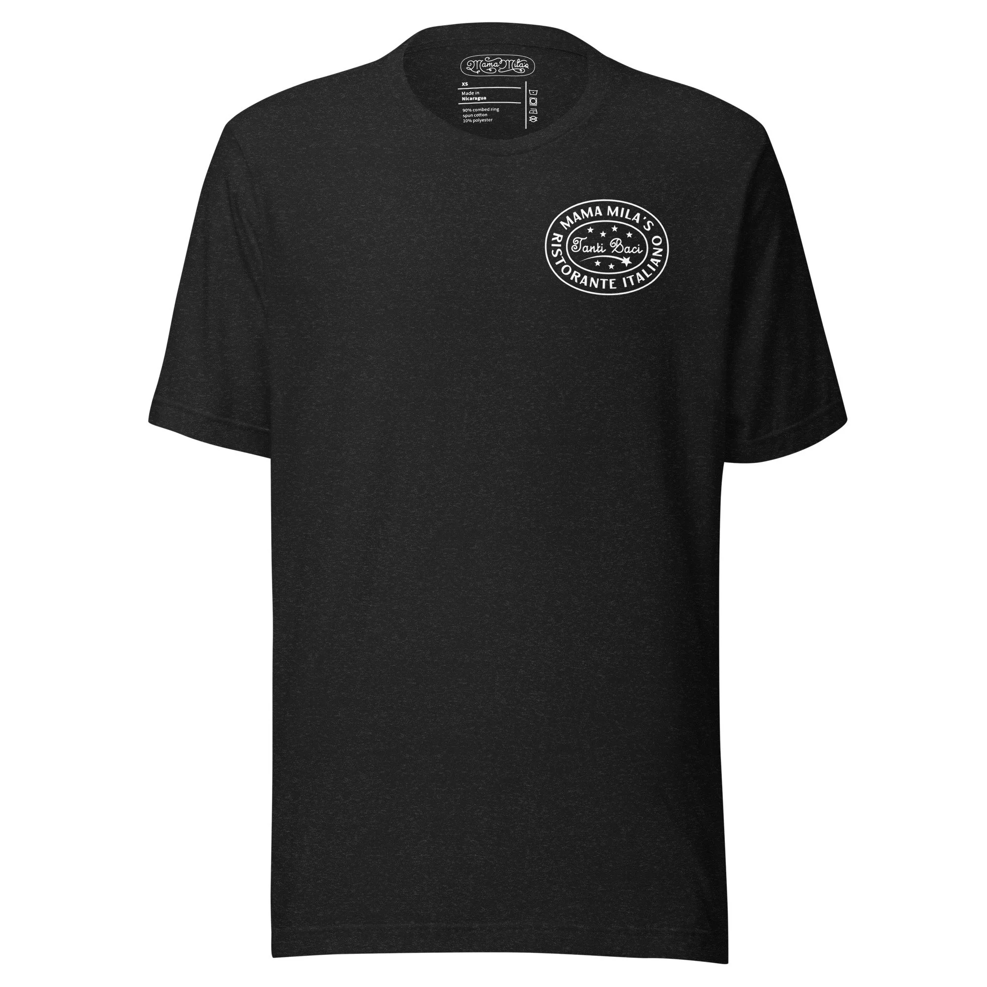 Compliments to the Matriarchy with a piece of lasagna on a vintage plate on the back of a black t-shirt.