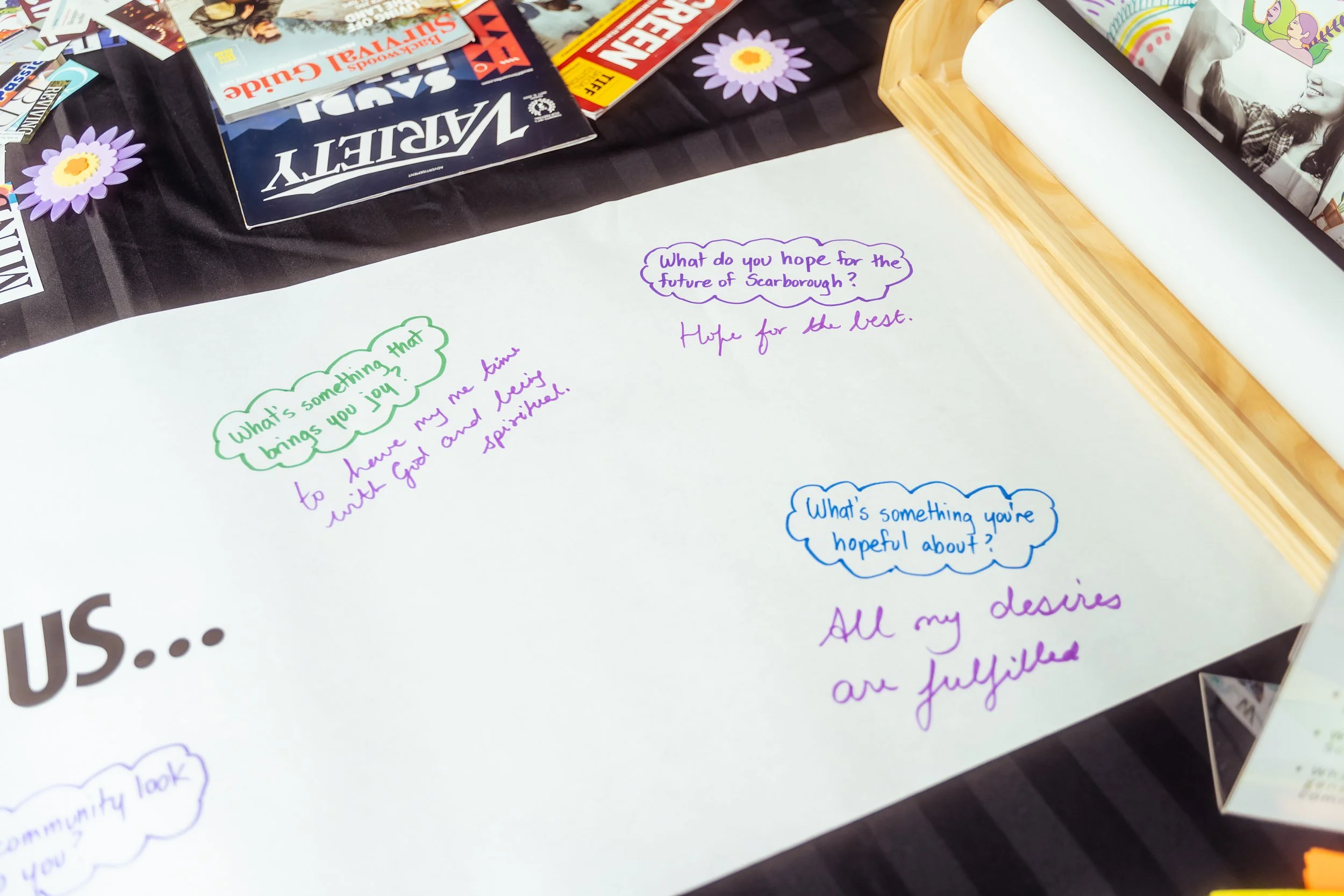 Picture of a bulletin paper with questions such as, "what's something that brings you joy?" with answer "to have my me time with God and being spiritual". Other question says, "what so you hope for the future of Scarborough?" with answer "hope for th