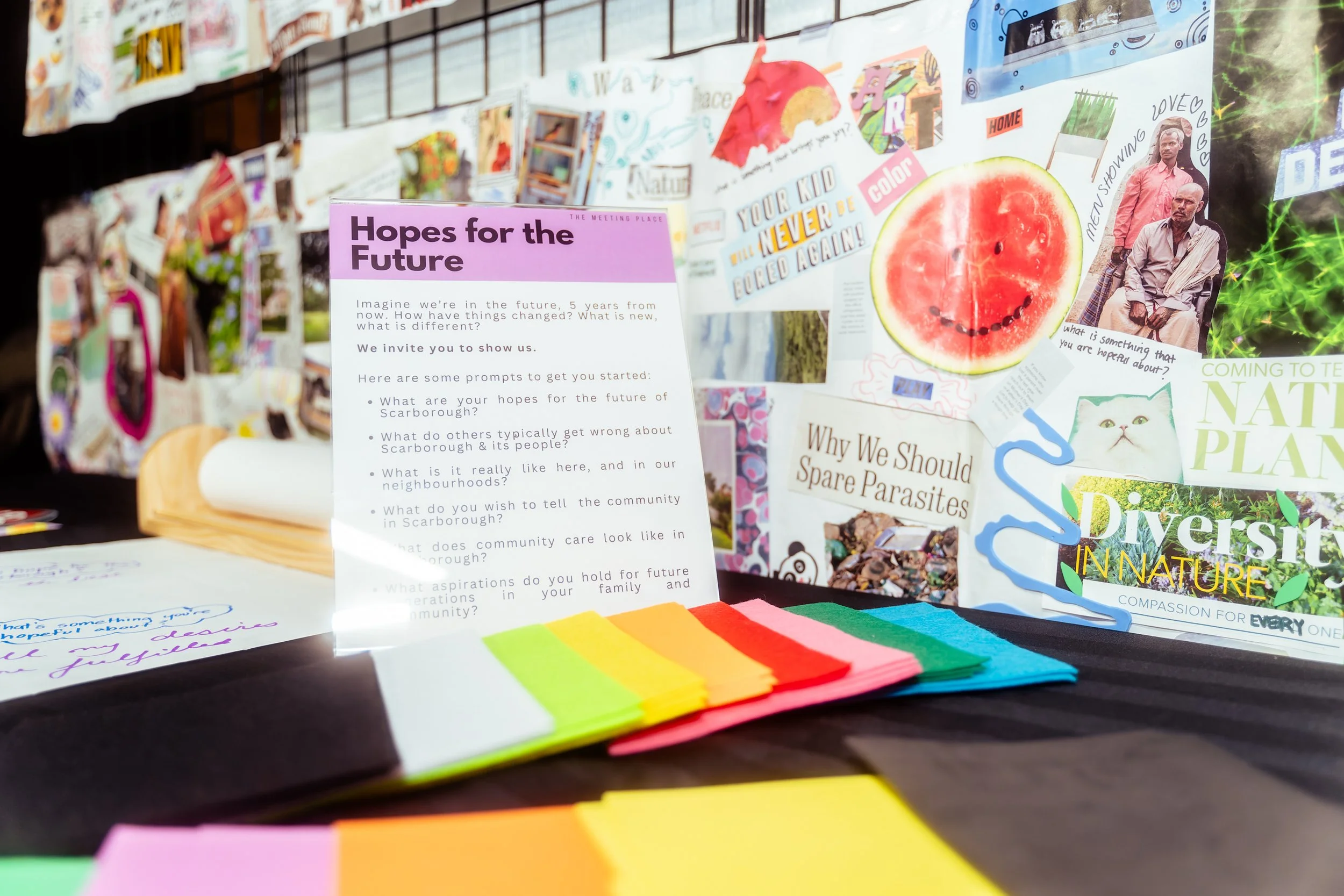 "Hopes for the future, imagine we're in the future, 5 years from now. How have things changed? What is new, what is different" prompt on top of sticky notes. 