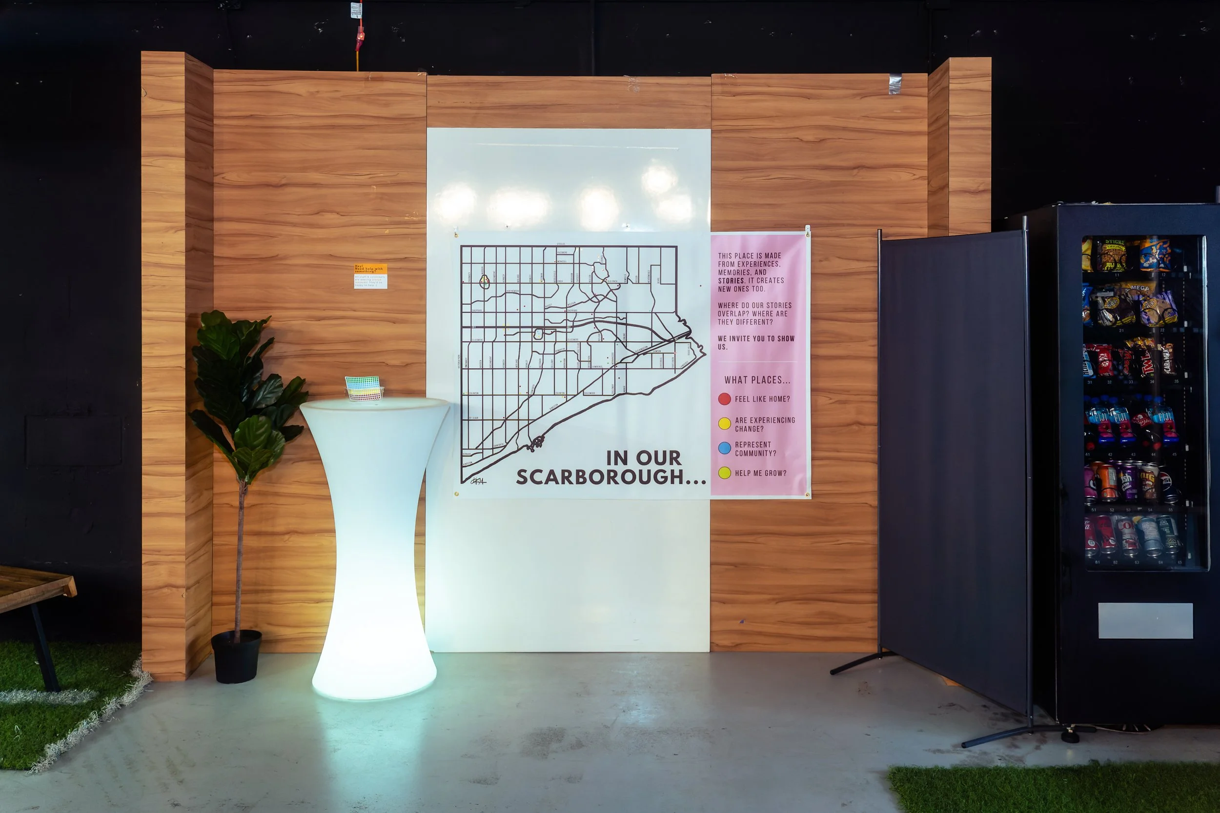 a photograph of Scarborough map with a text that says "in our scarborough" with white backdrop. 