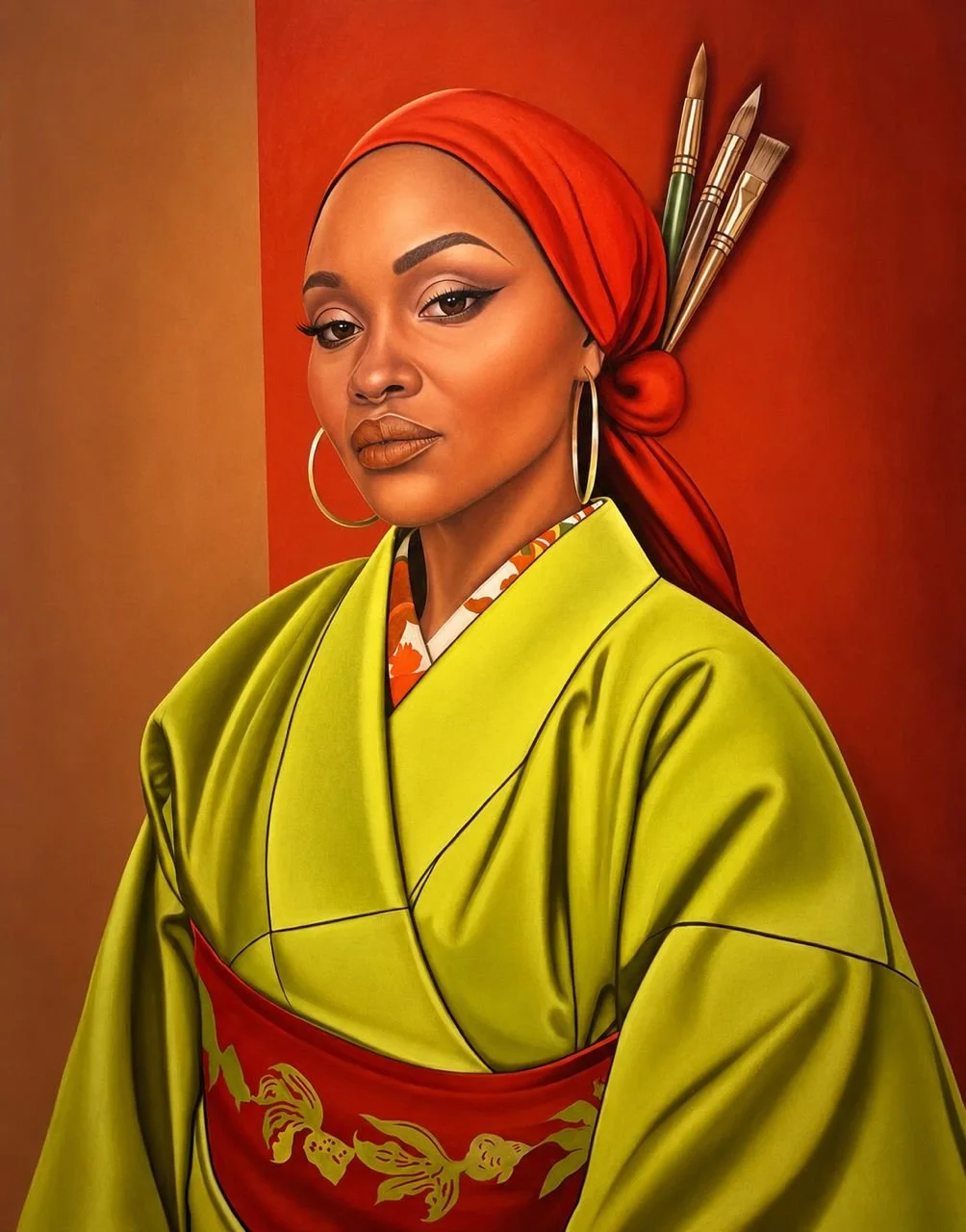 Oil portrait of a woman in a green kimono and red headwrap by Ingrid Yuzly Mathurin, shown in Visual Voices at the Jamaica Center for Arts & Learning, 2026.