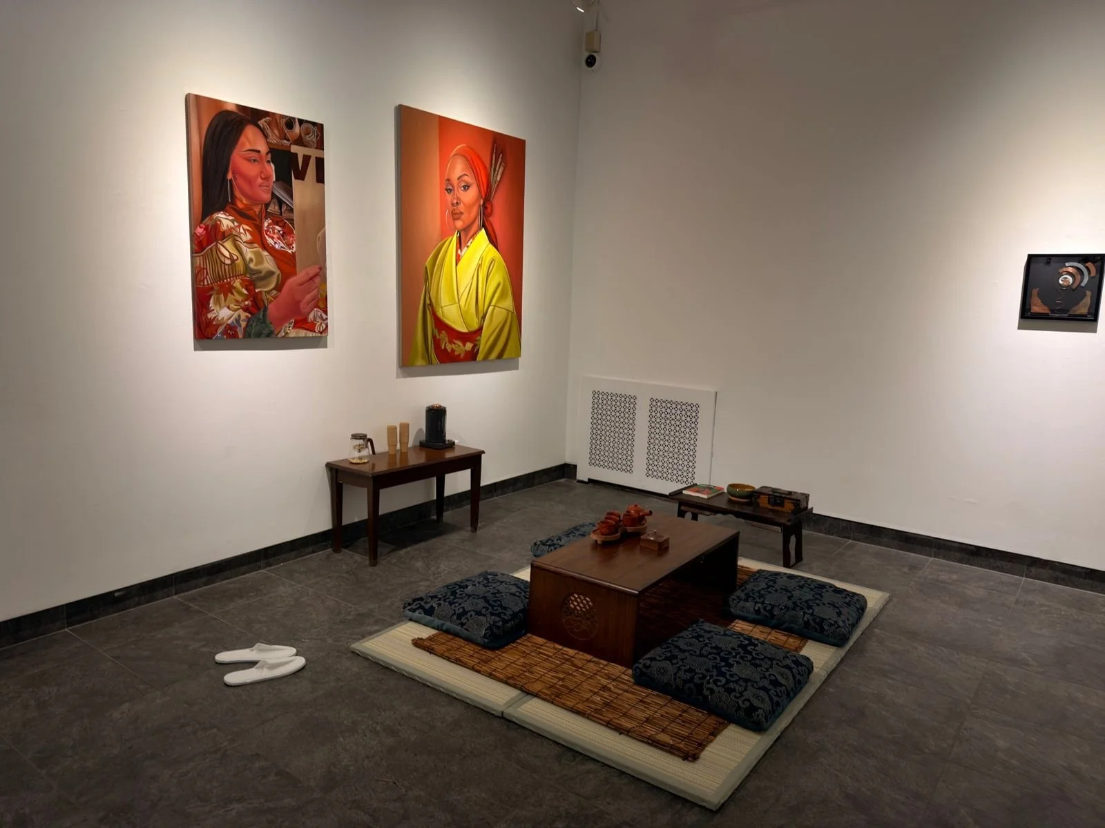 Installation view of Ingrid Yuzly Mathurin's paintings in Visual Voices: You Can Have That Chair, This One Is Taken, Jamaica Center for Arts & Learning, Queens, NY, 2026.