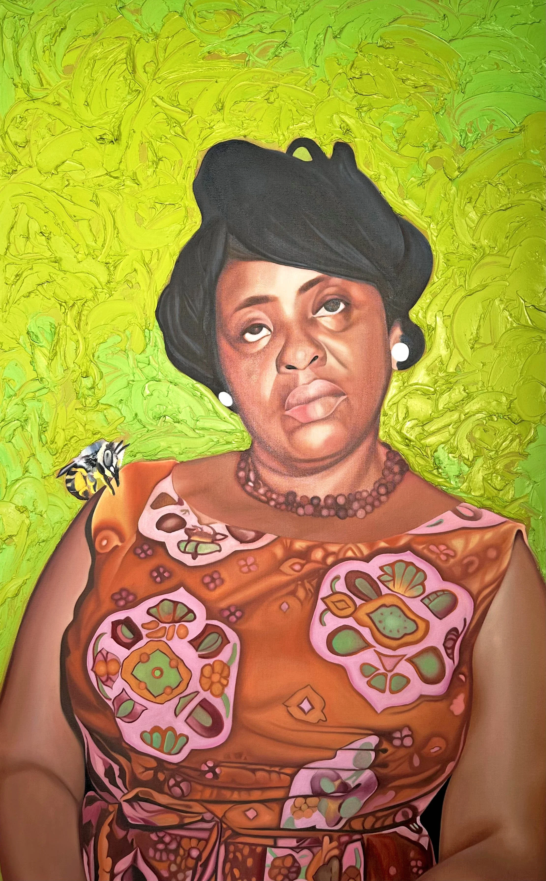 Sick and Tired, oil on linen portrait of a woman in an orange patterned dress against a textured green background, by Haitian American painter Ingrid Yuzly Mathurin, 2024