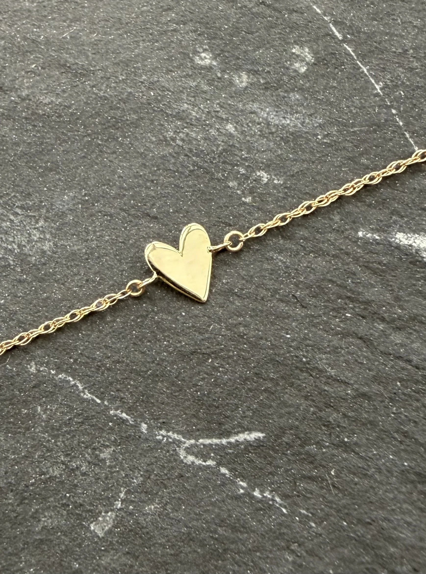 14k gold engravable heart connector on fine chain, small polished heart for personalized engraving