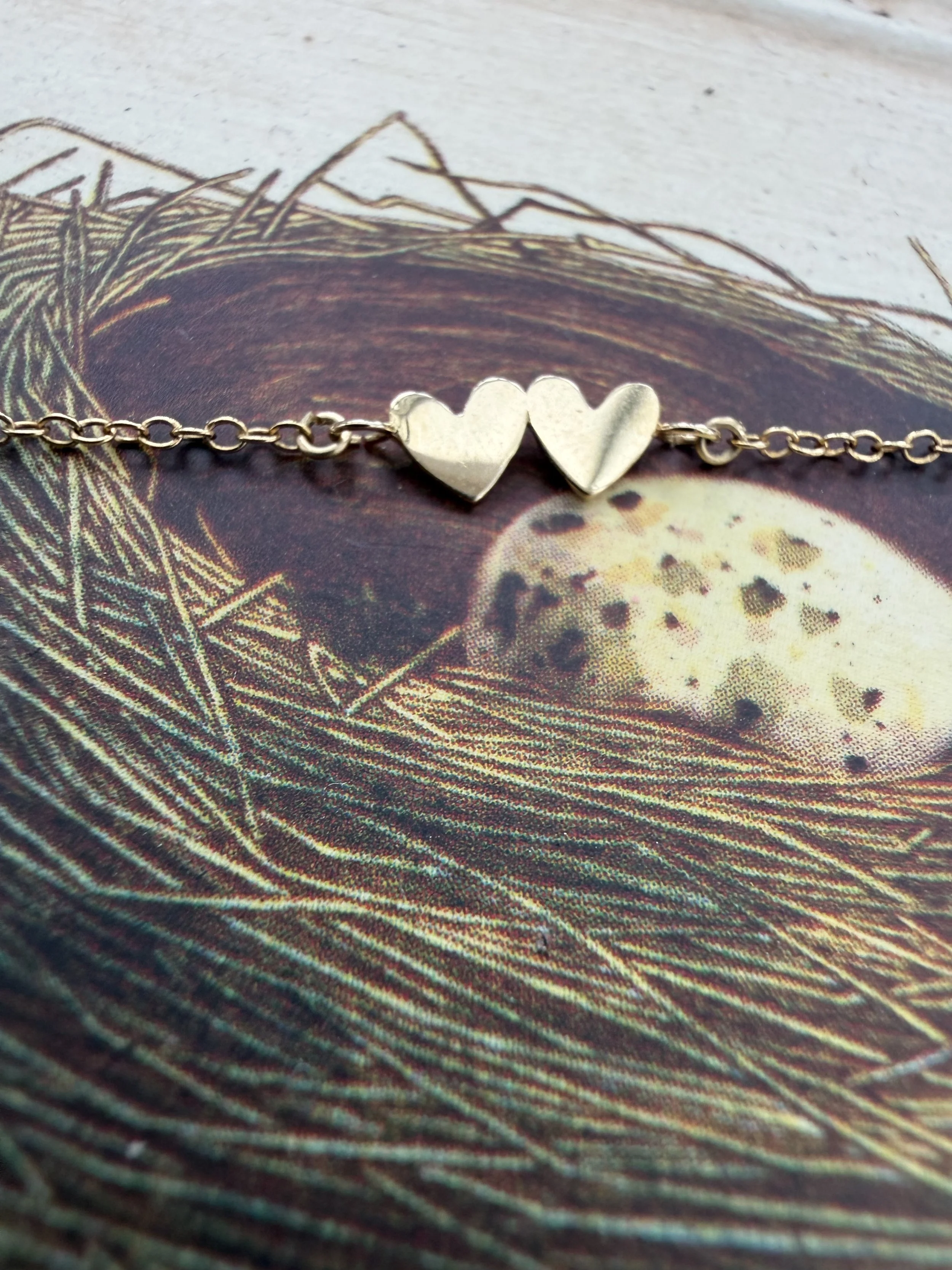 14k gold engravable twin heart connector on fine chain, two small hearts for personalized initials