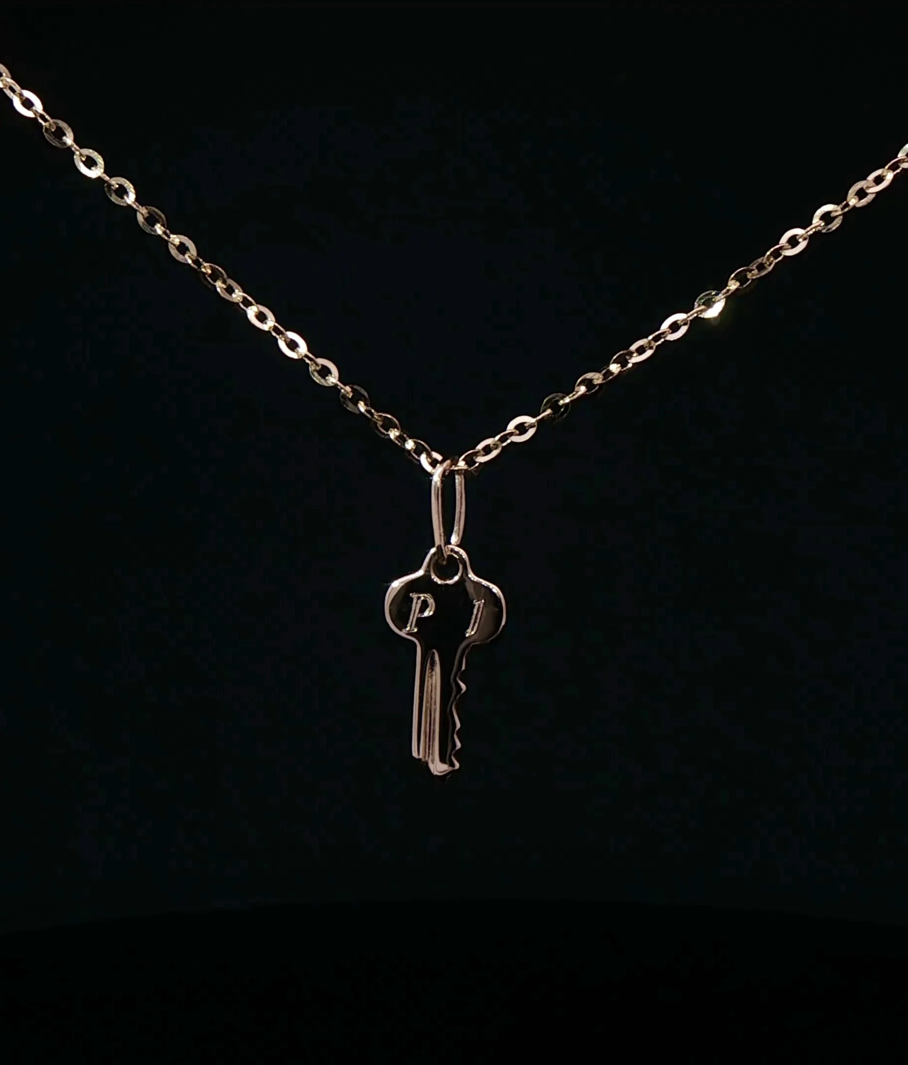 Engraved key necklace in solid 14k gold on fine chain by The Sparkle Bar Edmonton