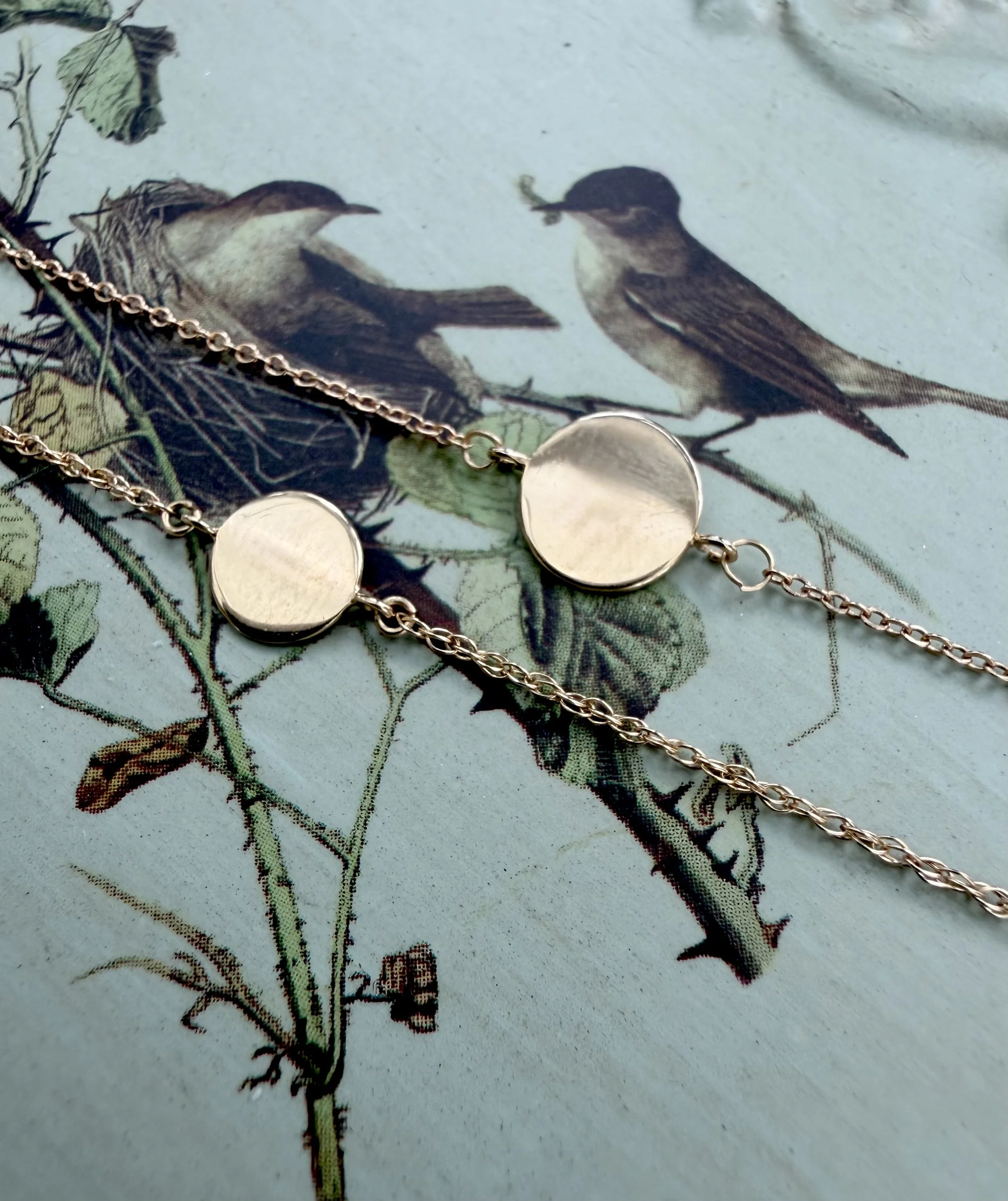 14k gold engravable disc connector, minimal round charm designed for custom engraving