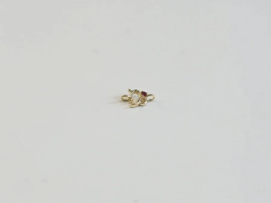 Capricorn zodiac connector in solid 14k gold with natural ruby gemstone from The Sparkle Bar. Fine jewelry handcrafted in Edmonton Canada.